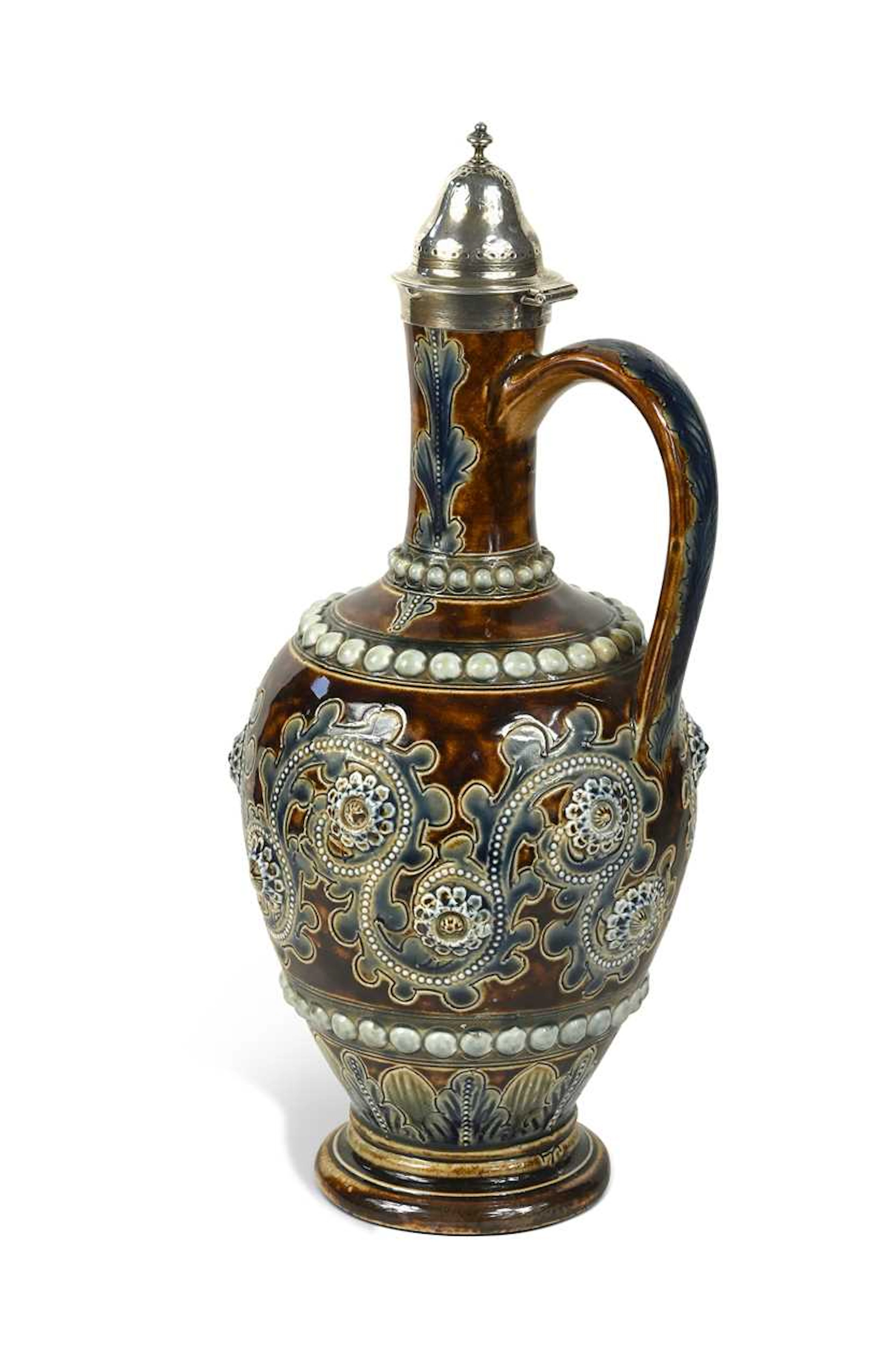 George Tinworth for Doulton Lambeth, a stoneware and silver-mounted ewer, 1874