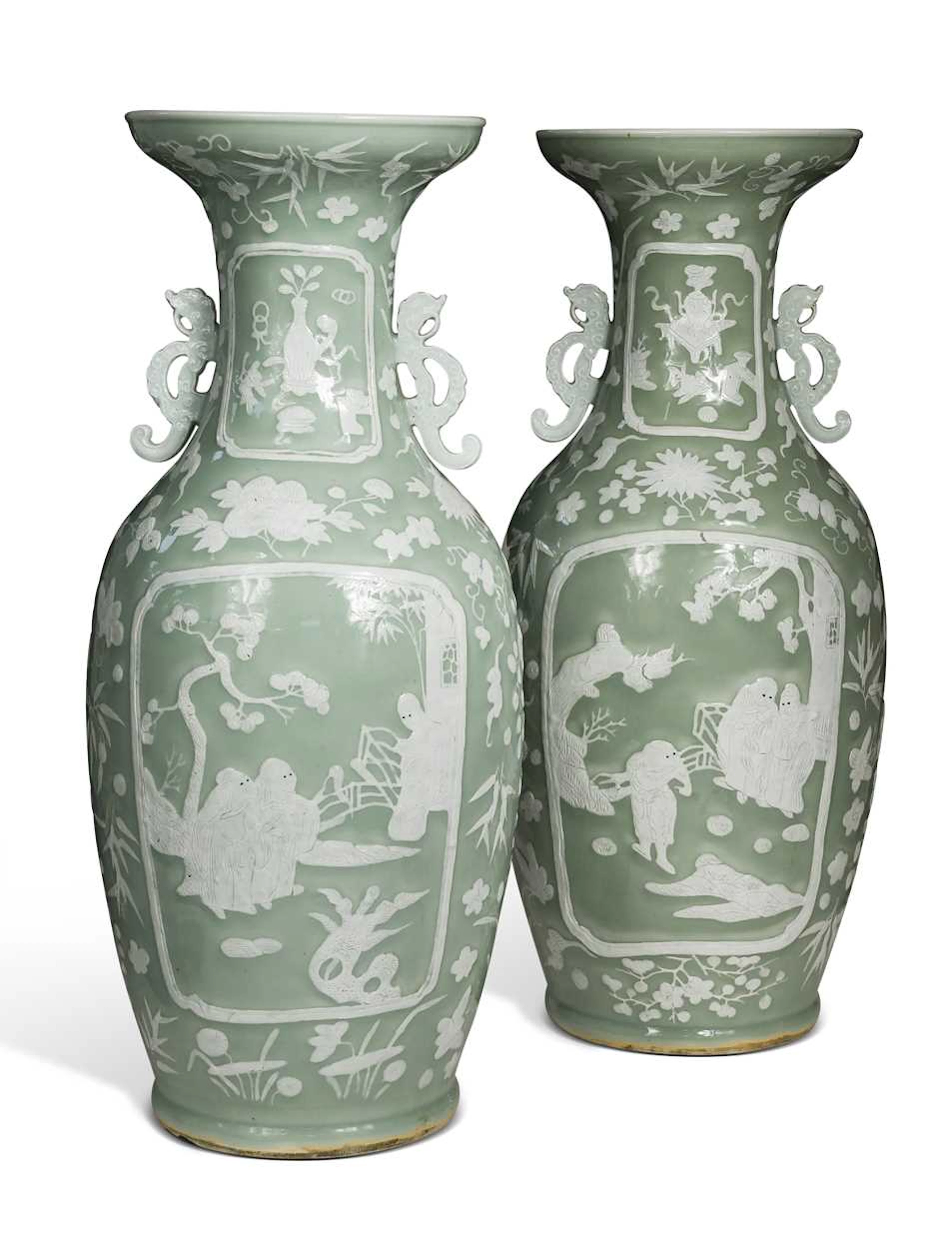 A pair of late 19th century Chinese celadon glazed porcelain large