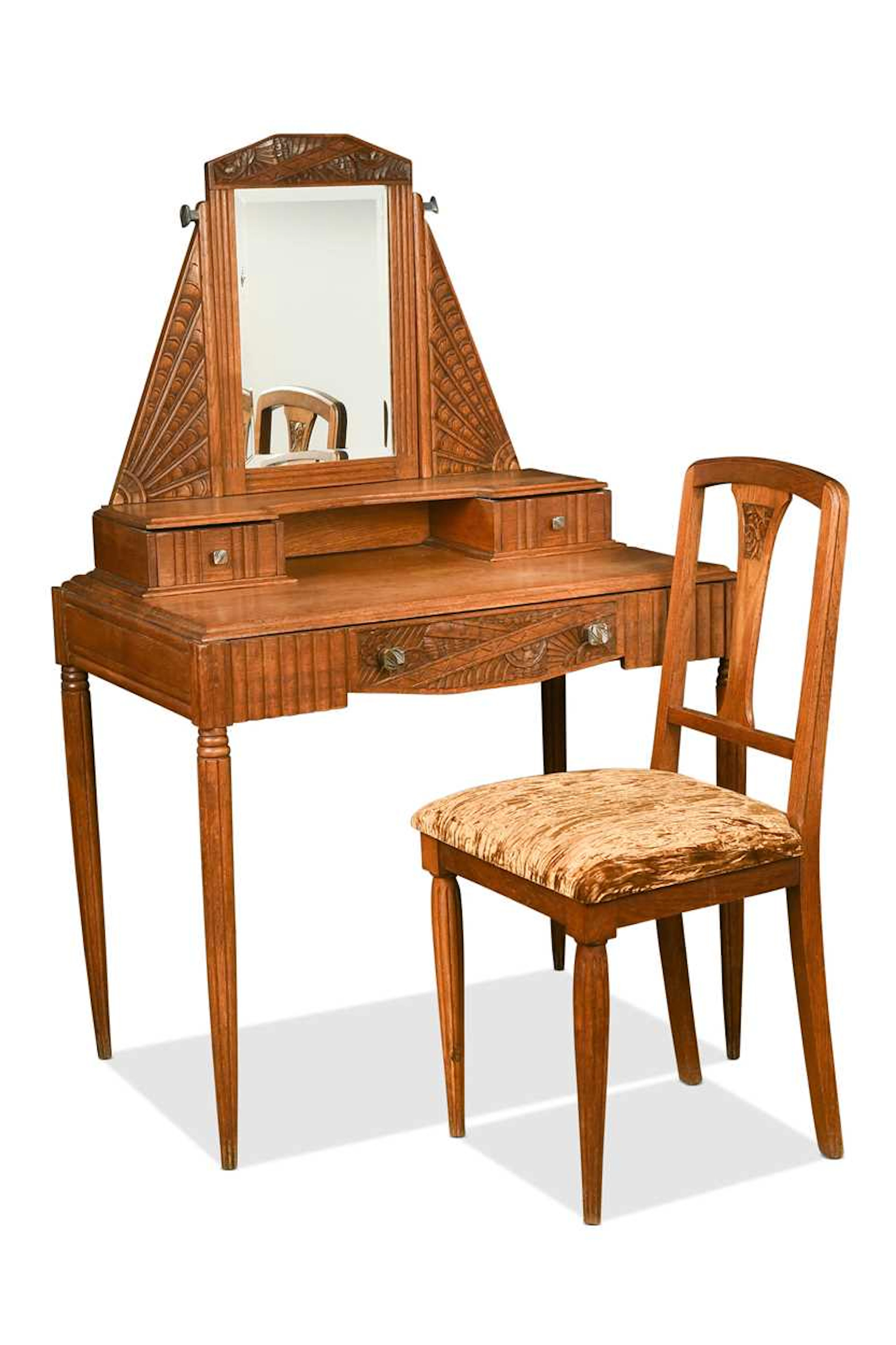 A Continental Art Deco oak dressing table and chair