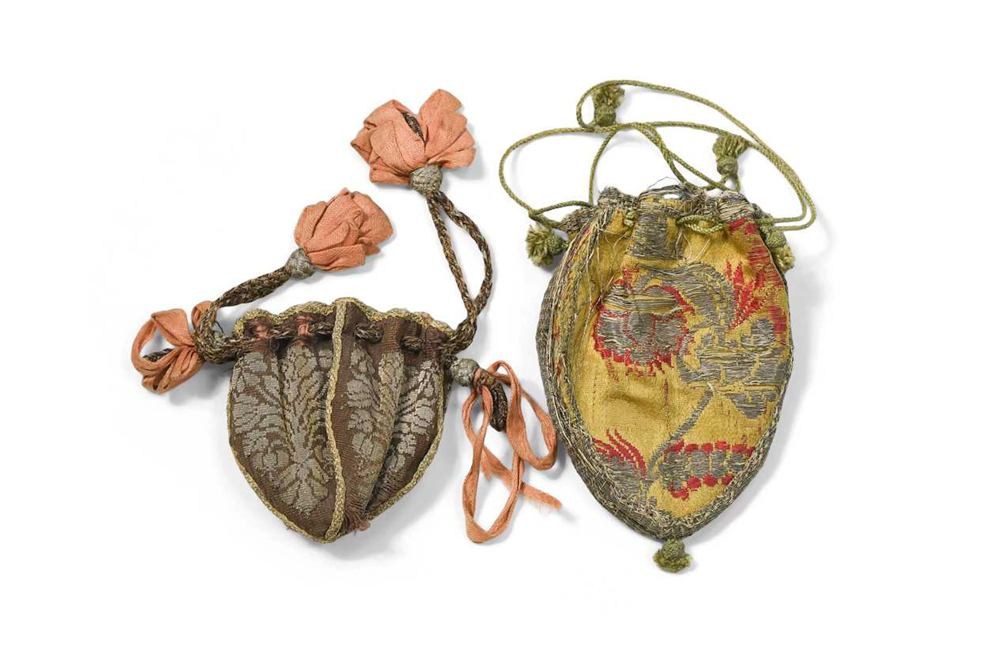 A small silk and silver thread brocaded sweet bag or reticule, 17th