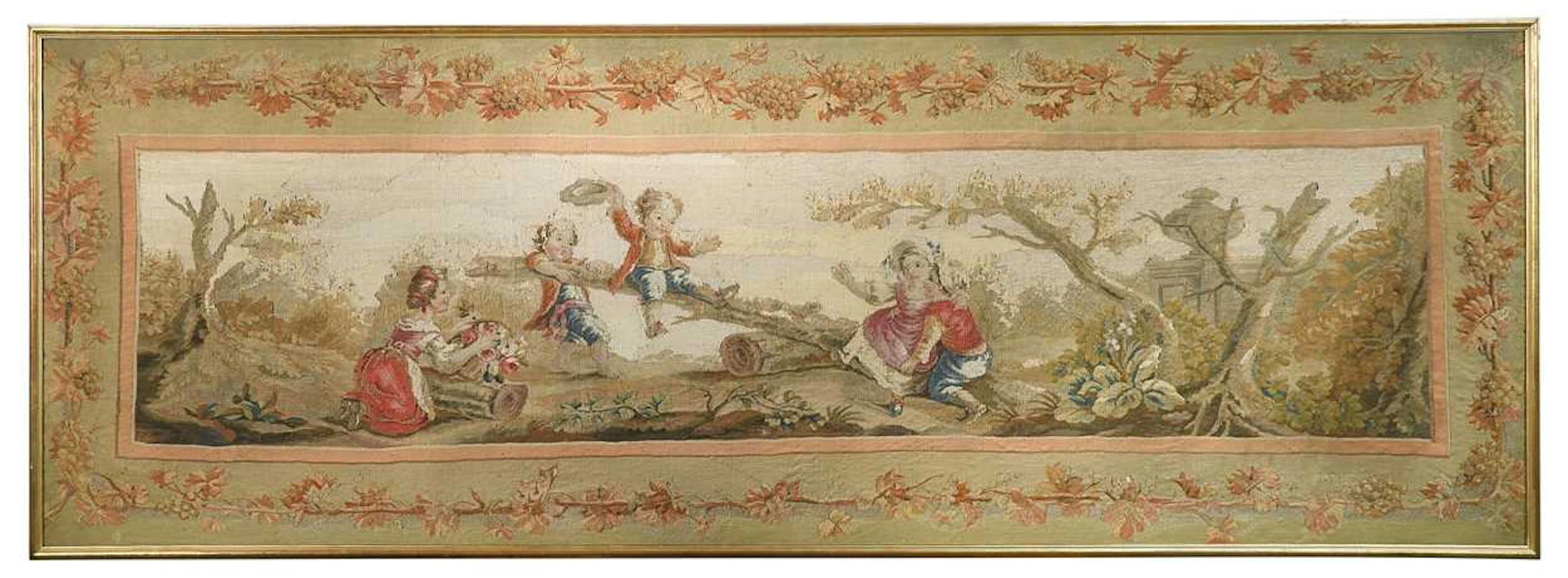 A framed needlework tapestry in the French Aubusson style, 20th century