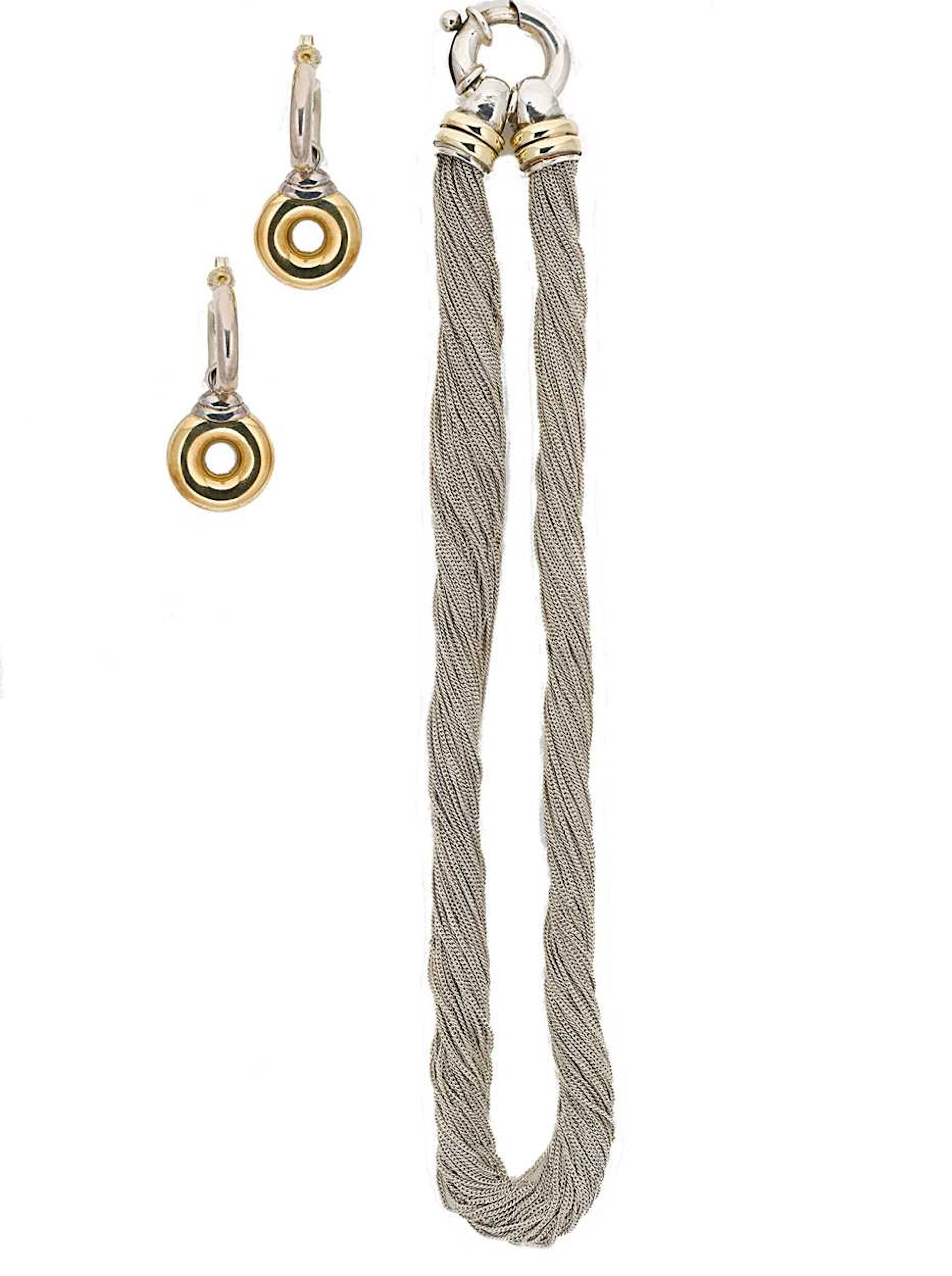 A two colour multistrand necklace with matching ear pendants
