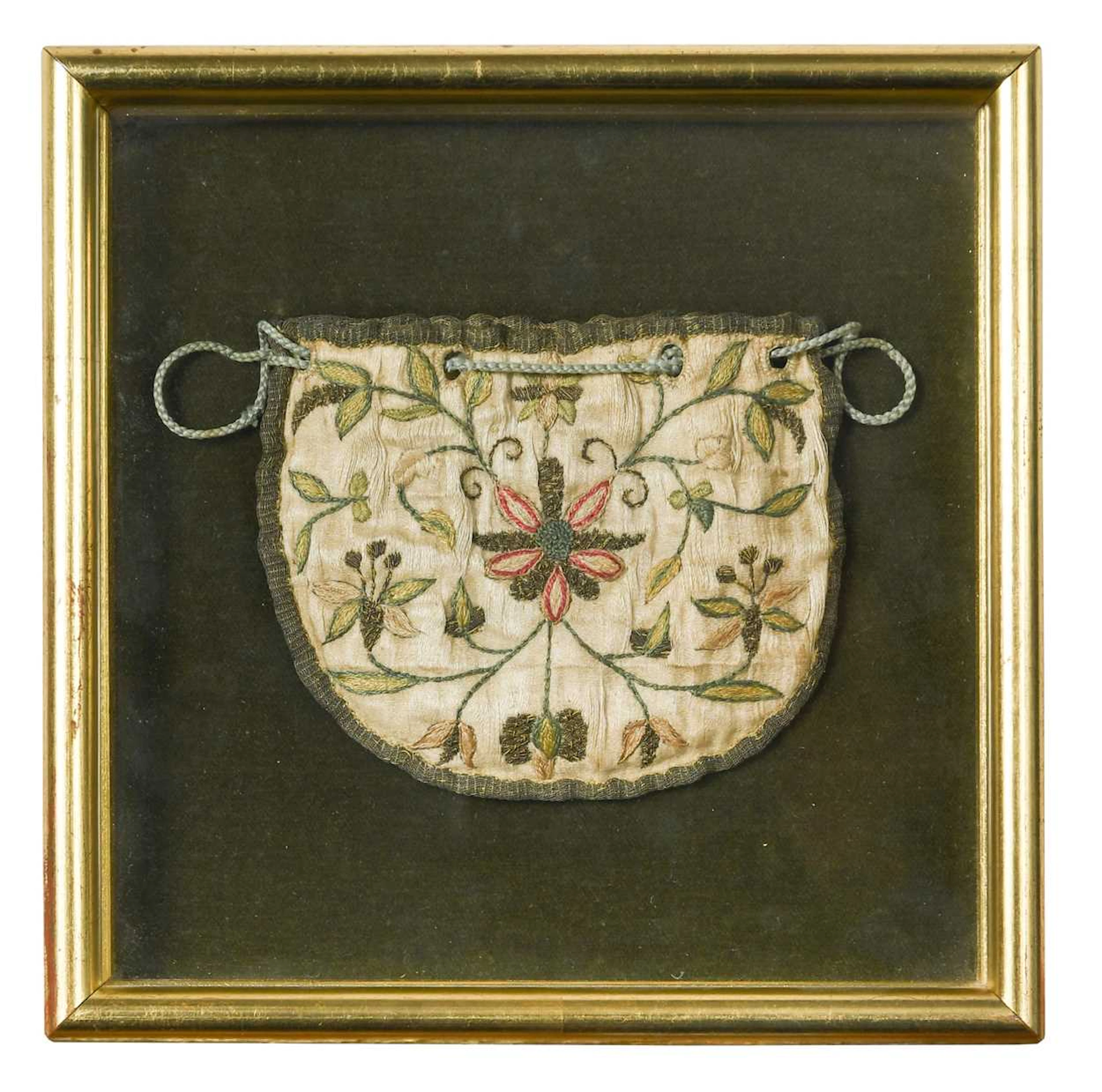 A framed silkwork reticule or purse, 17th century