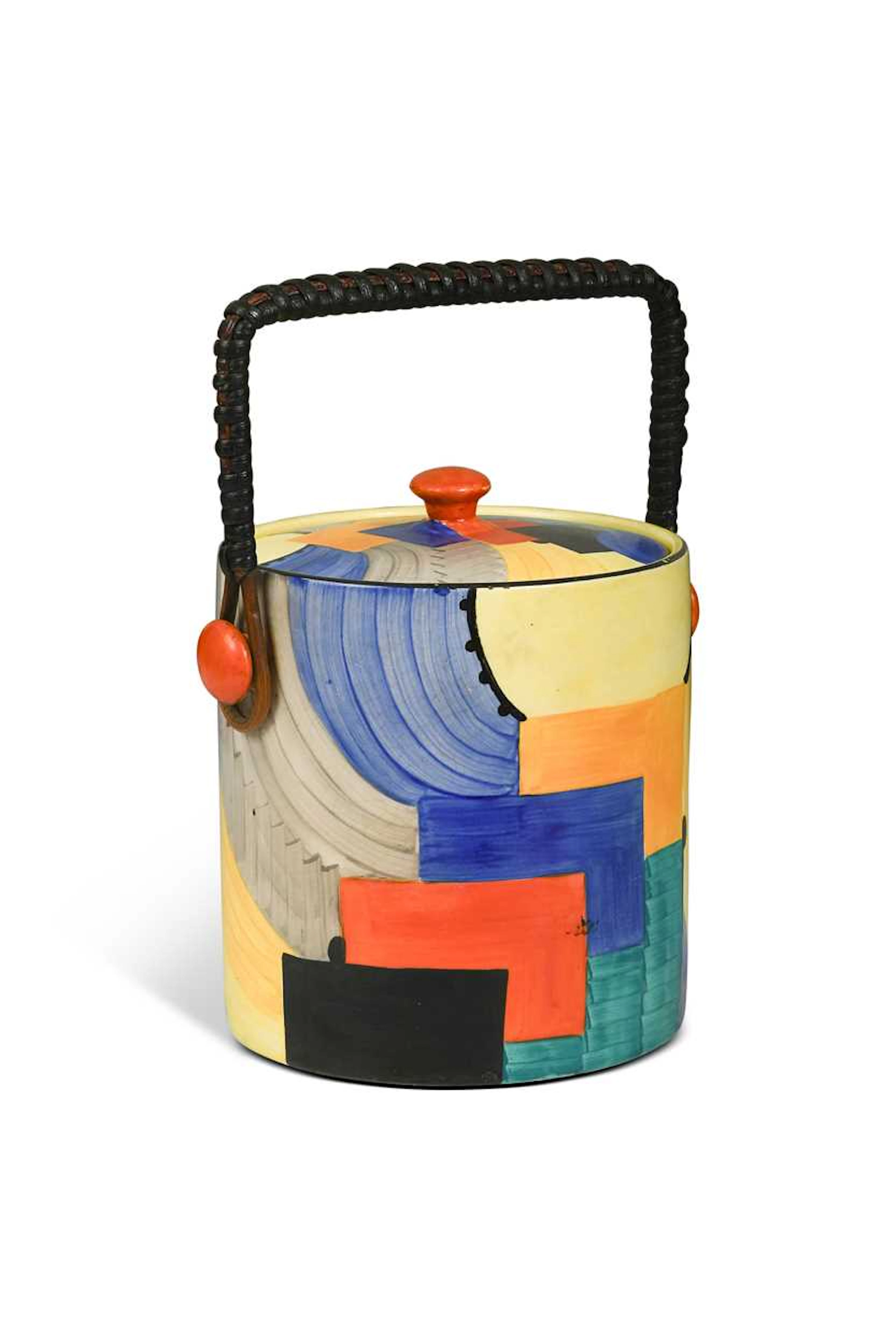 Susie Cooper at Gray's Pottery, a 'Cubist' pattern biscuit barrel and cover