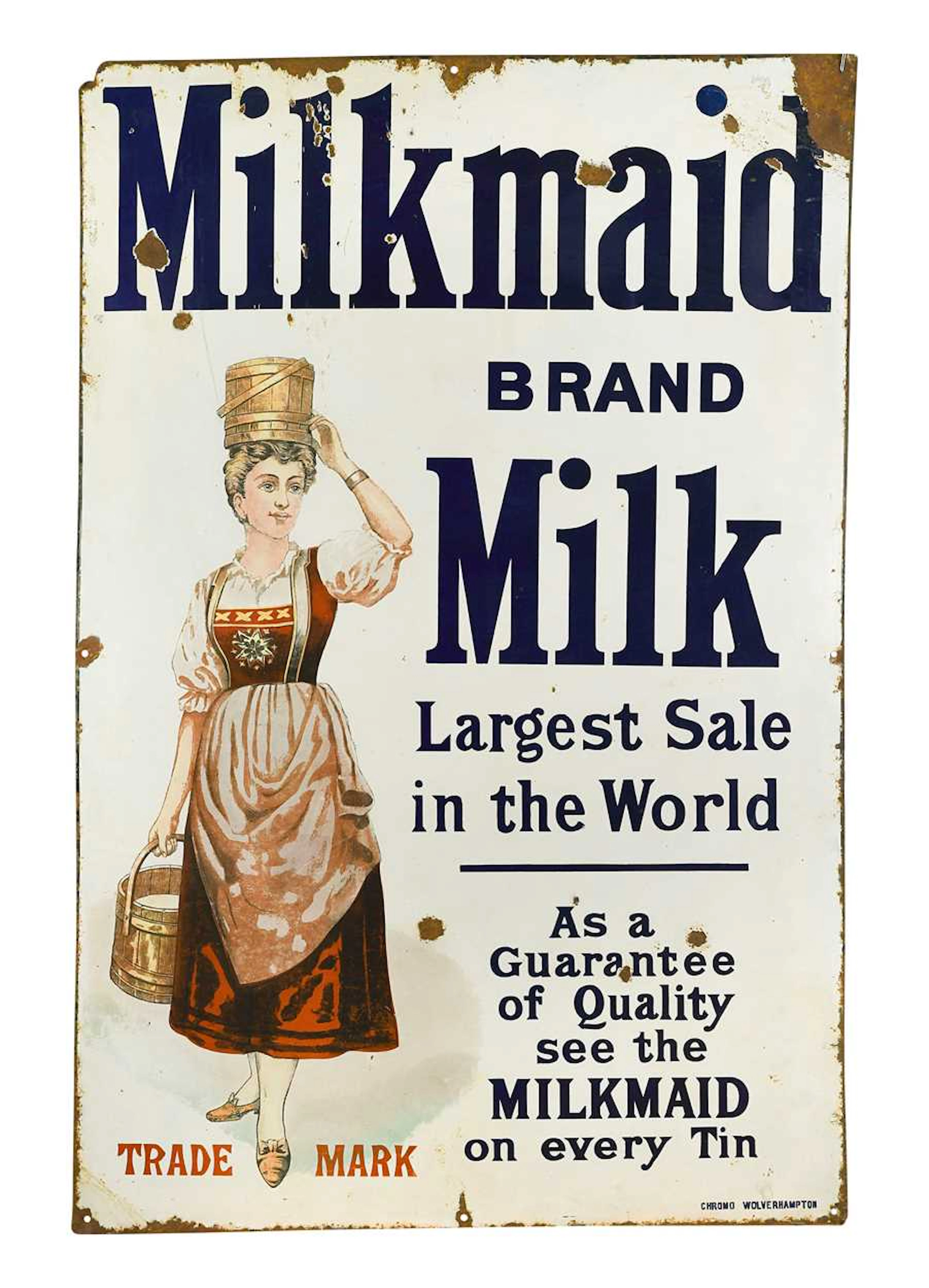 A large Milkmaid Brand Milk single-sided pictorial enamel advertising sign