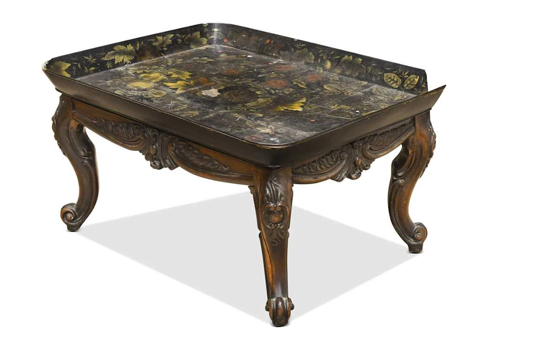 A rectangular papier-mâché tray on stand, 19th century