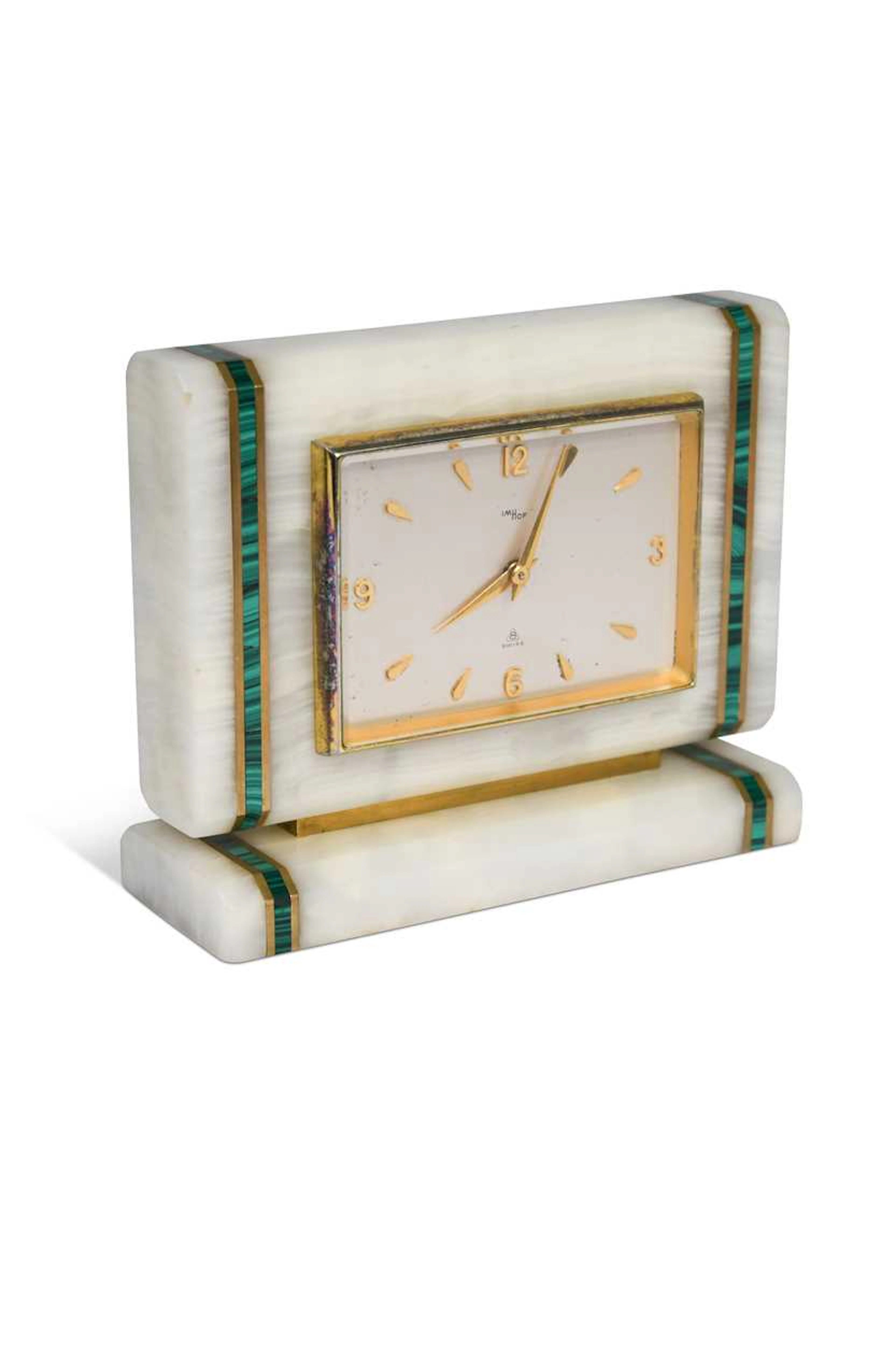 Imhof, an Art Deco onyx, malachite, and gilt brass mounted mantel clock