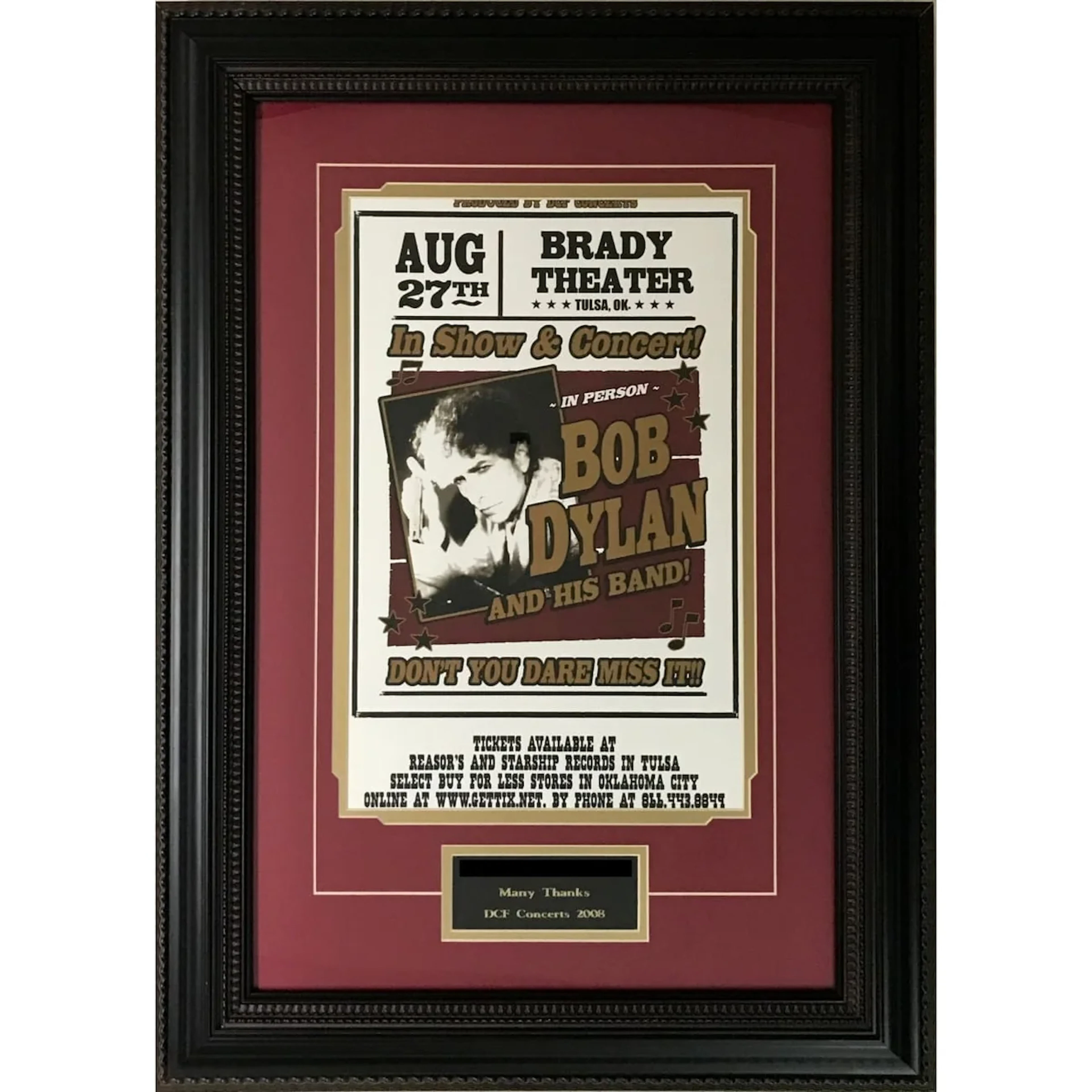 Bob Dylan Never Ending Tour 2008 Tulsa Concert Award