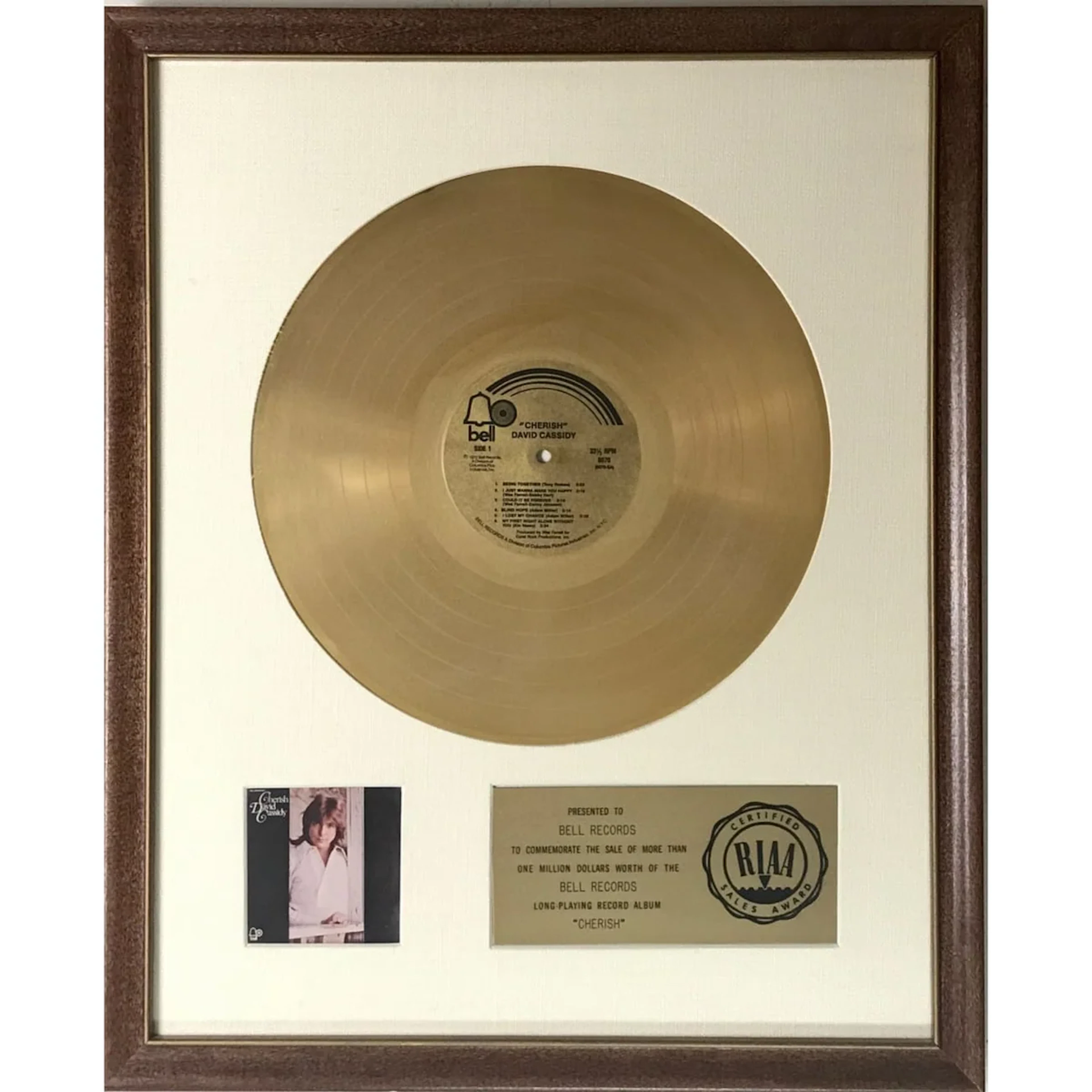 David Cassidy Cherish RIAA Gold Album Award - RARE