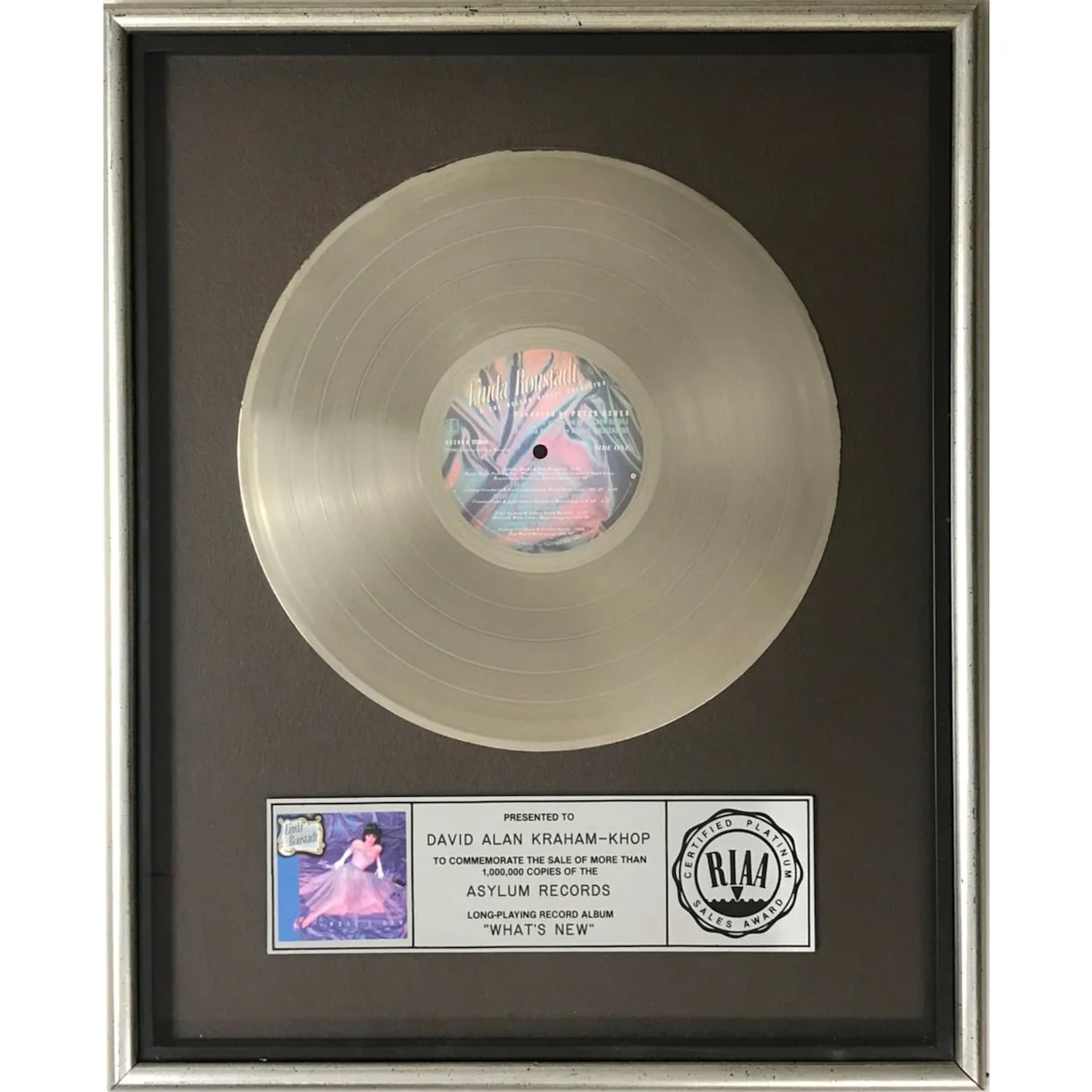 Linda Ronstadt What's New RIAA Platinum Album Award