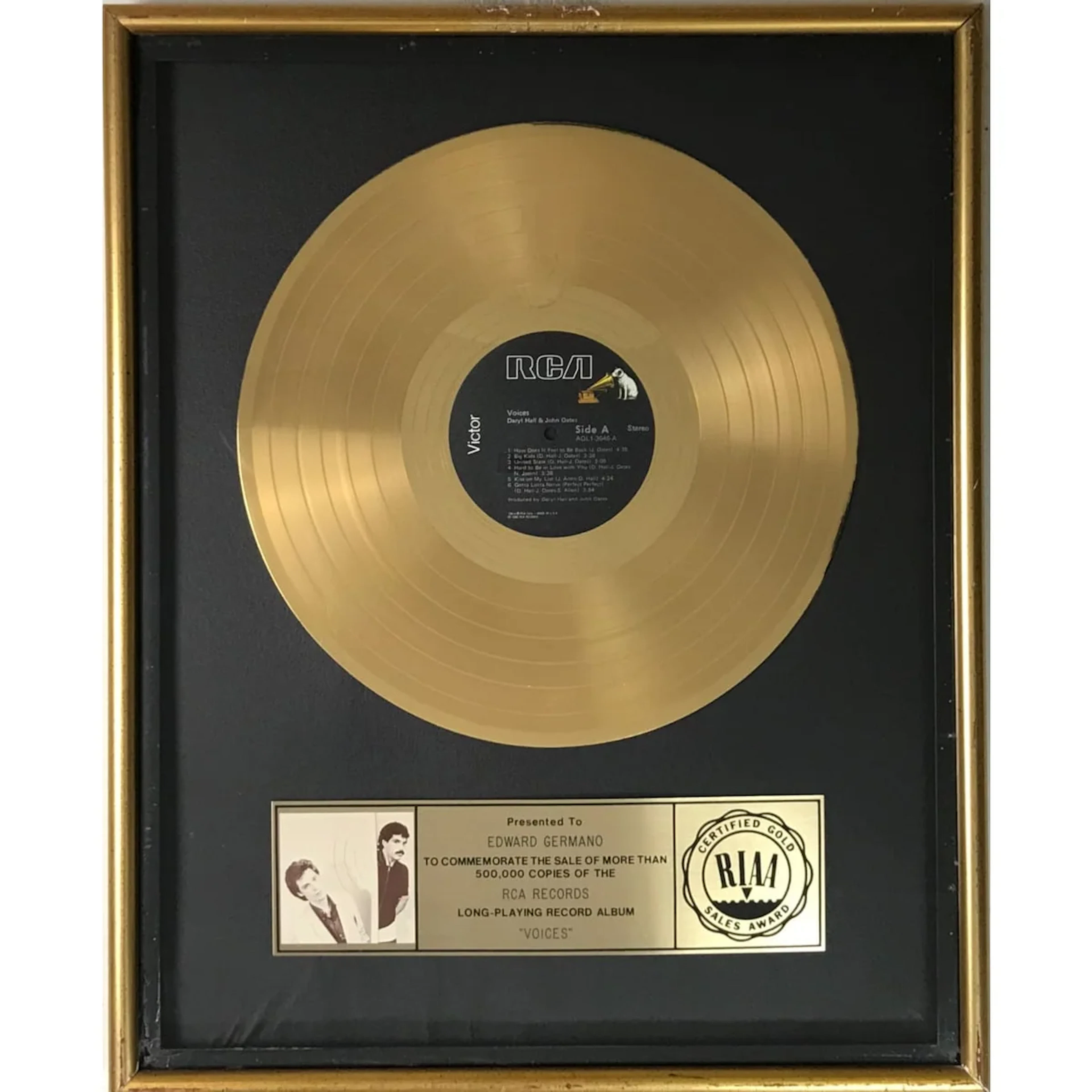 Hall & Oates Voices RIAA Gold Album Award