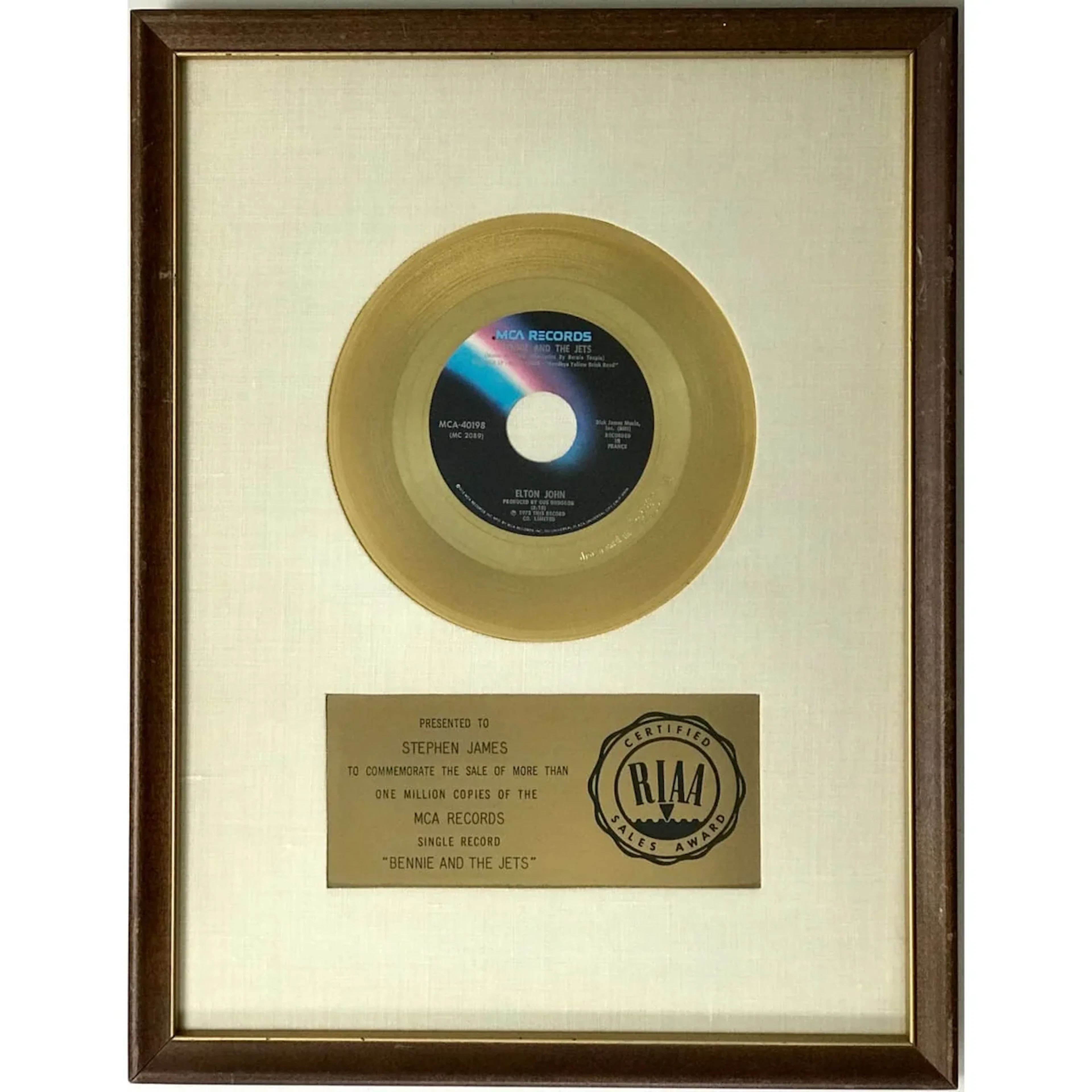 Elton John "Bennie and the Jets" White Matte RIAA Gold 45 Award - RARE