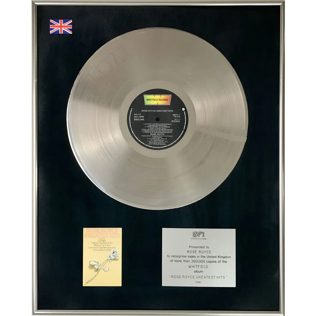 Rose Royce Greatest Hits BPI Platinum Album Award presented to Rose