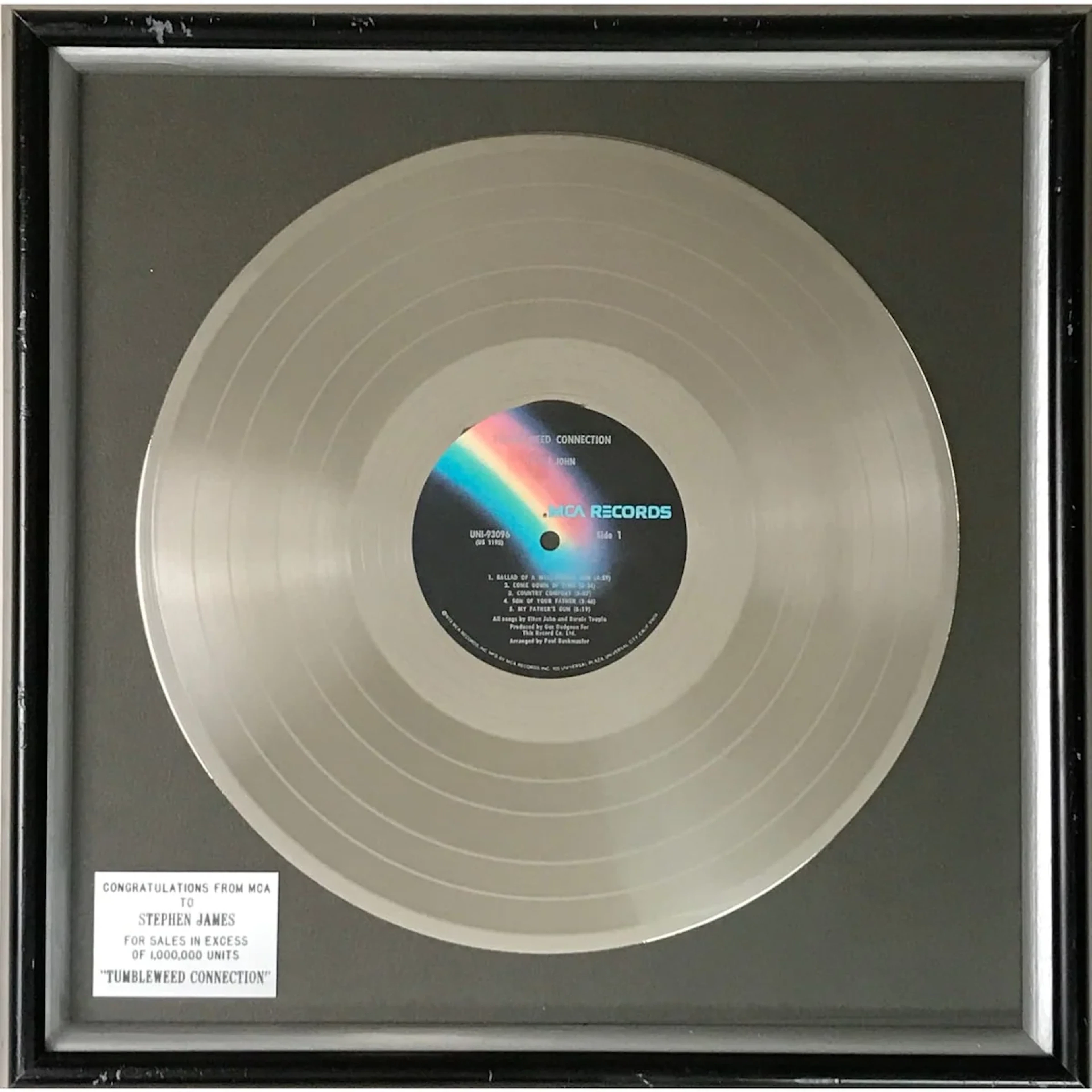 Elton John Tumbleweed Connection 1971 MCA "Platinum" Award - RARE