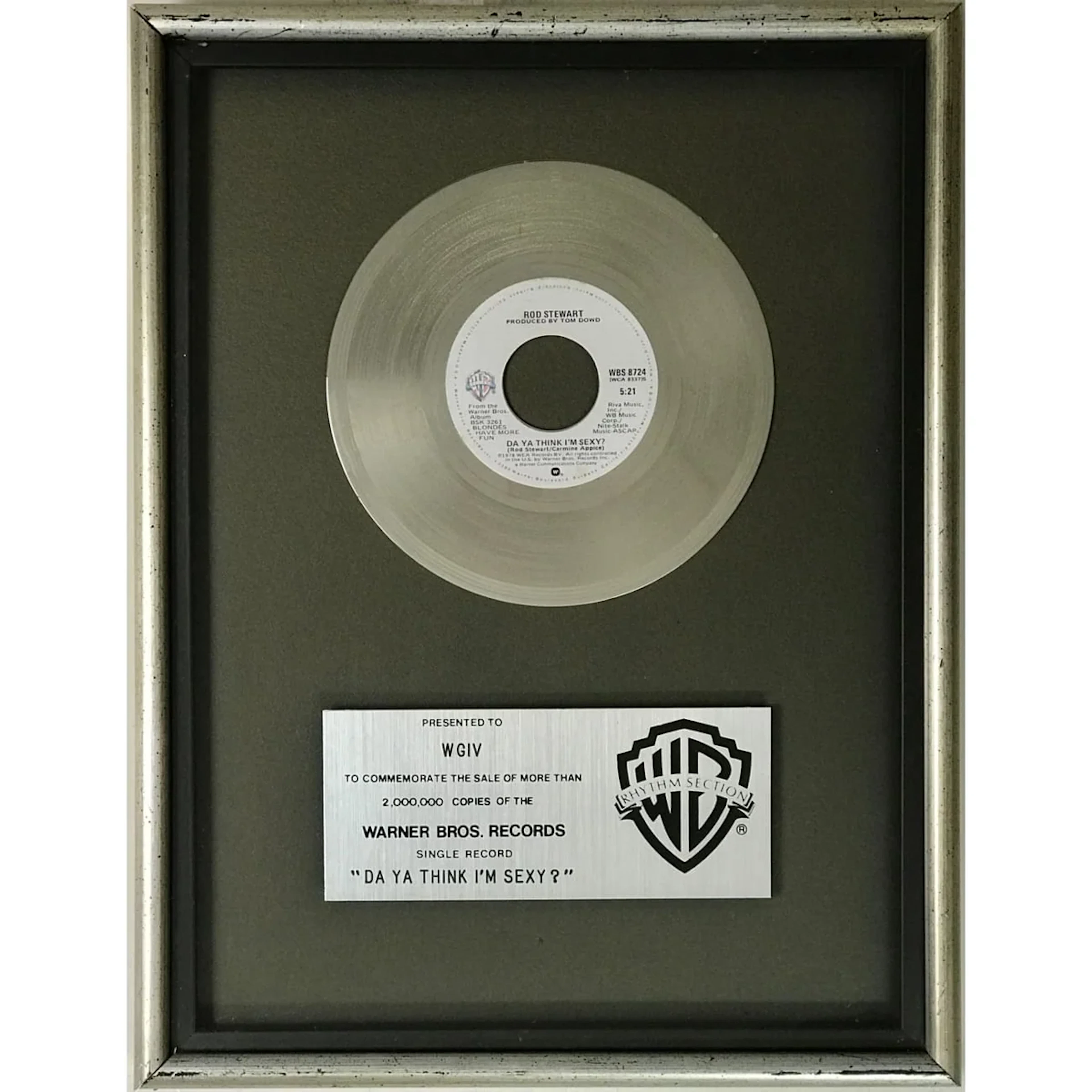 Rod Stewart "Do Ya Think I'm Sexy" Warner Bros Single 45 Award