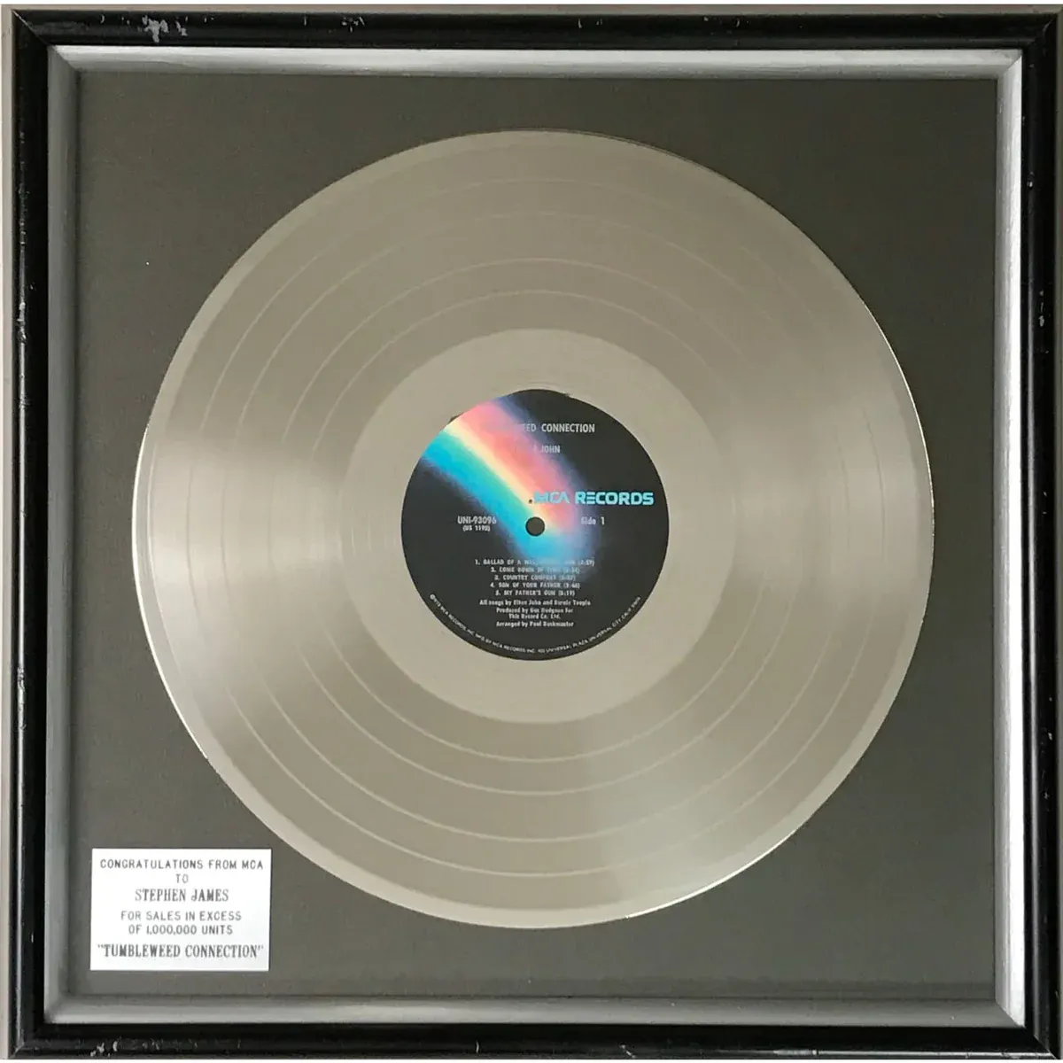 Elton John Tumbleweed Connection 1971 MCA "Platinum" Award - RARE