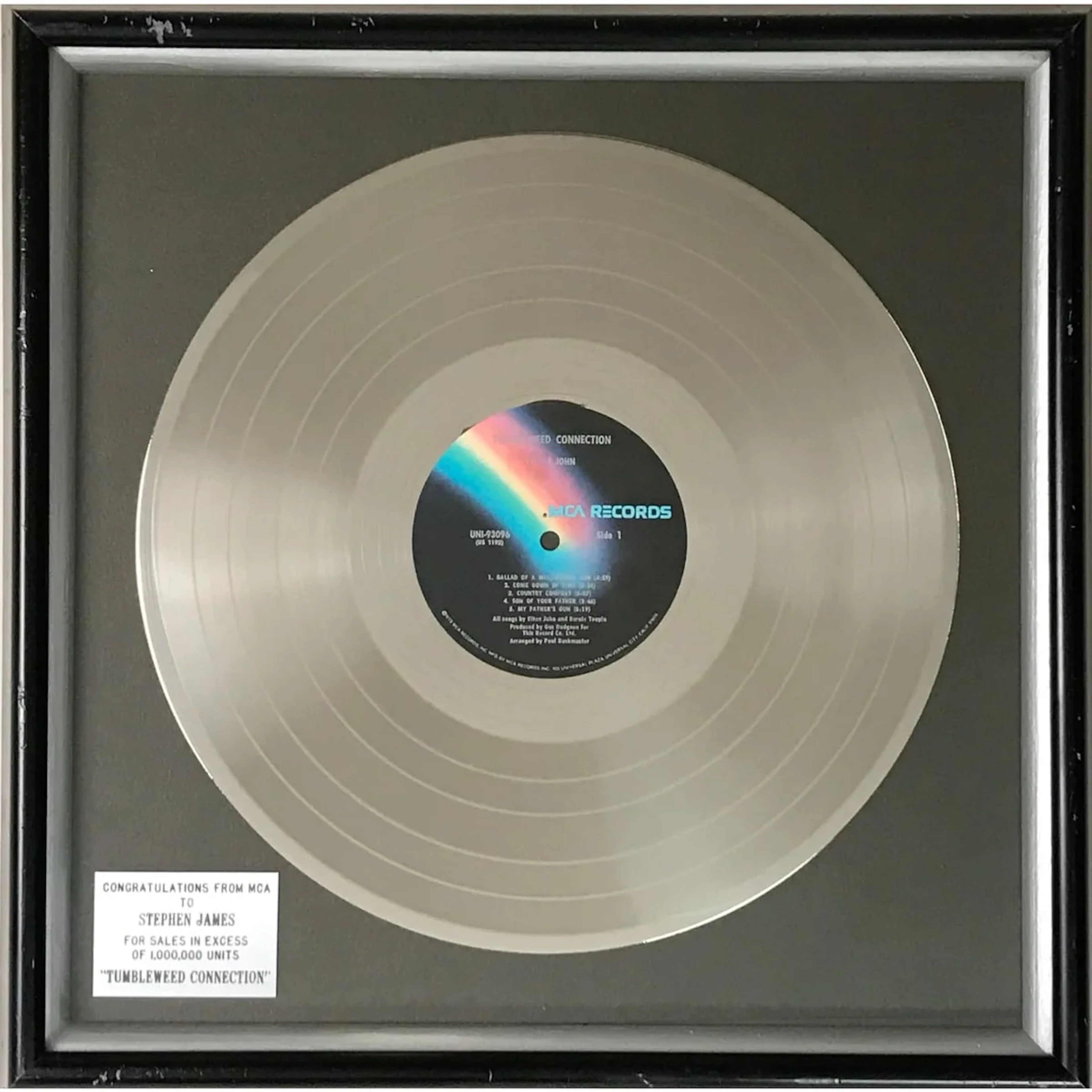 Elton John Tumbleweed Connection 1971 MCA "Platinum" Award - RARE