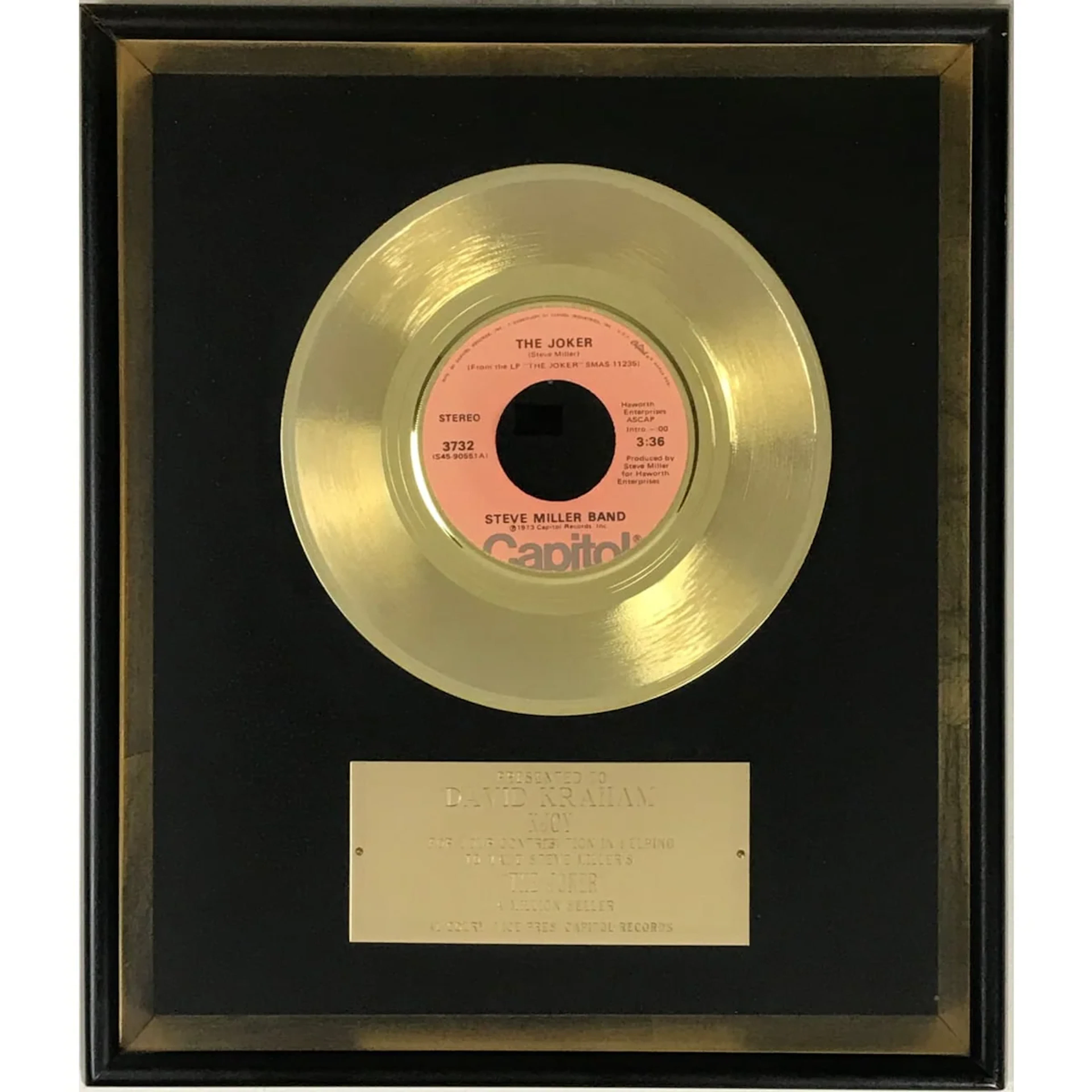 Steve Miller Band "The Joker" 1974 Capitol Records Award