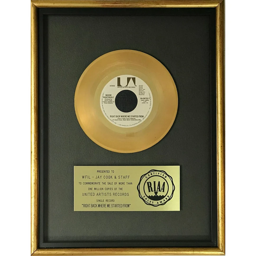 Maxine Nightingale "Right Back Where We Started From" RIAA Gold Single Award