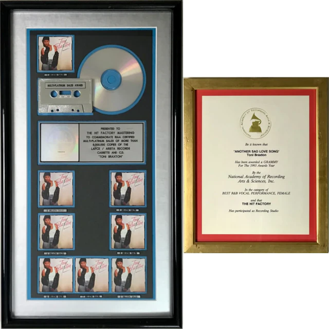 Toni Braxton debut RIAA 8x Multi-Platinum Album Award + Grammy Win Certificate