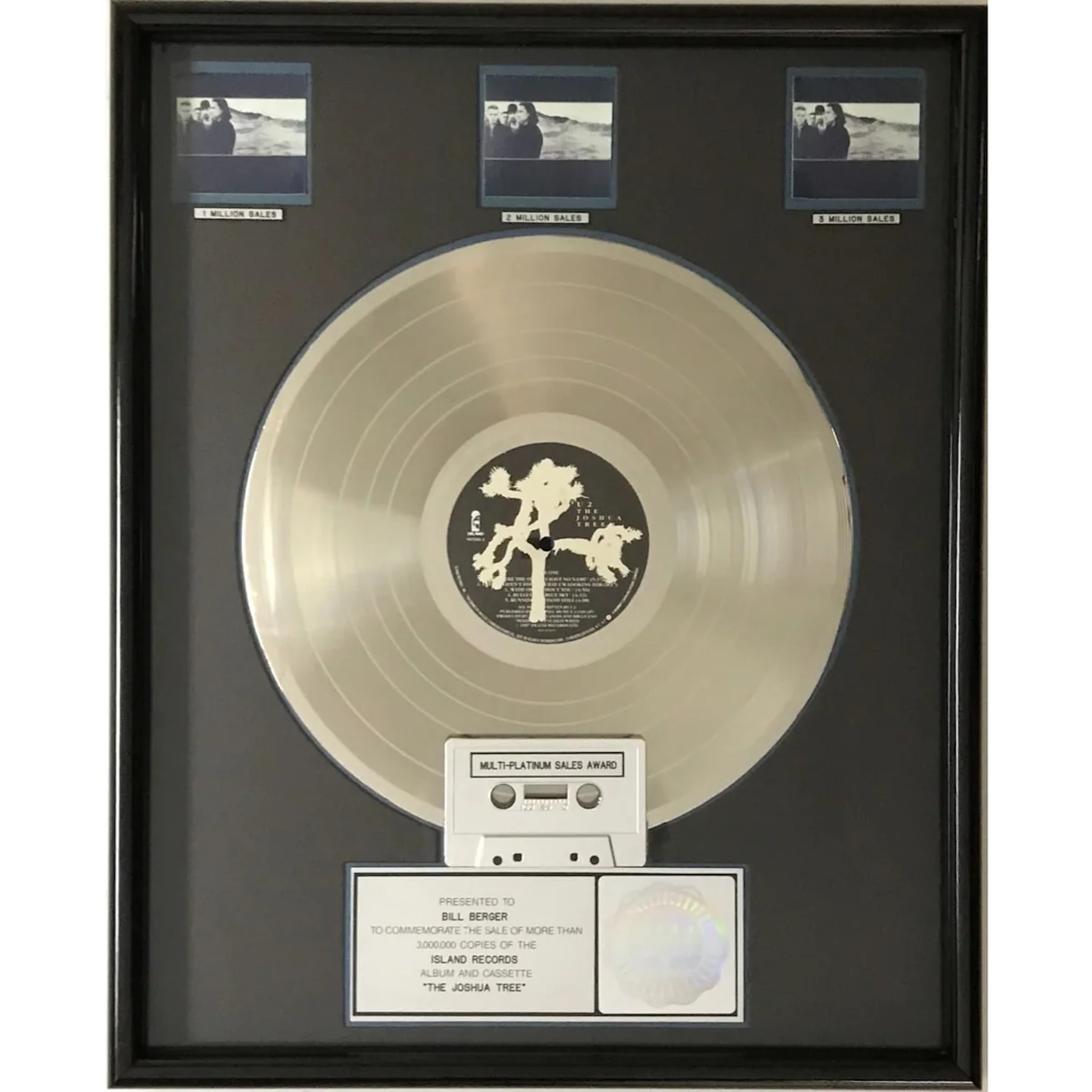 U2 The Joshua Tree RIAA 3x Multi-Platinum Album Award