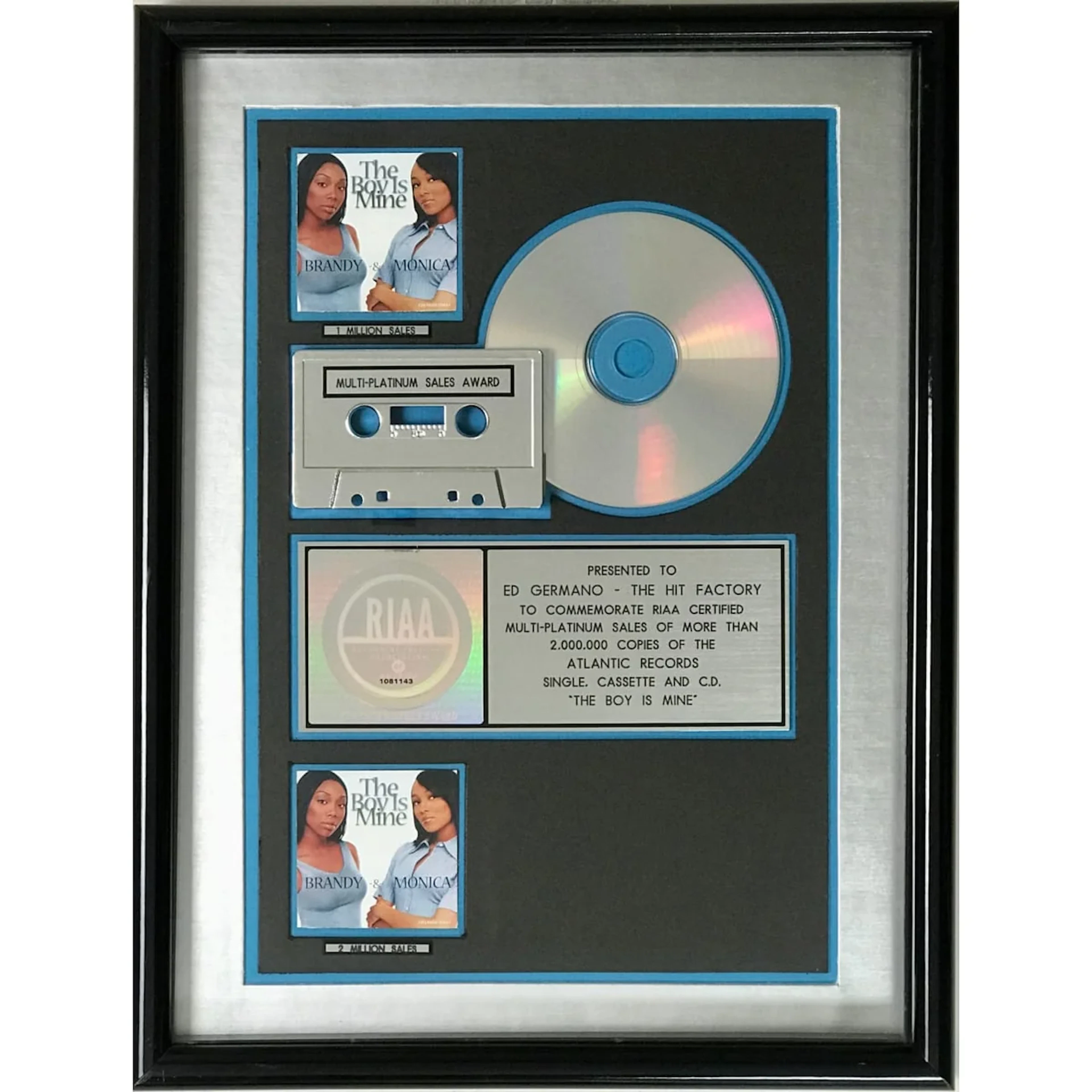 Brandy and Monica "The Boy Is Mine" RIAA 2x Multi-Platinum Single Award