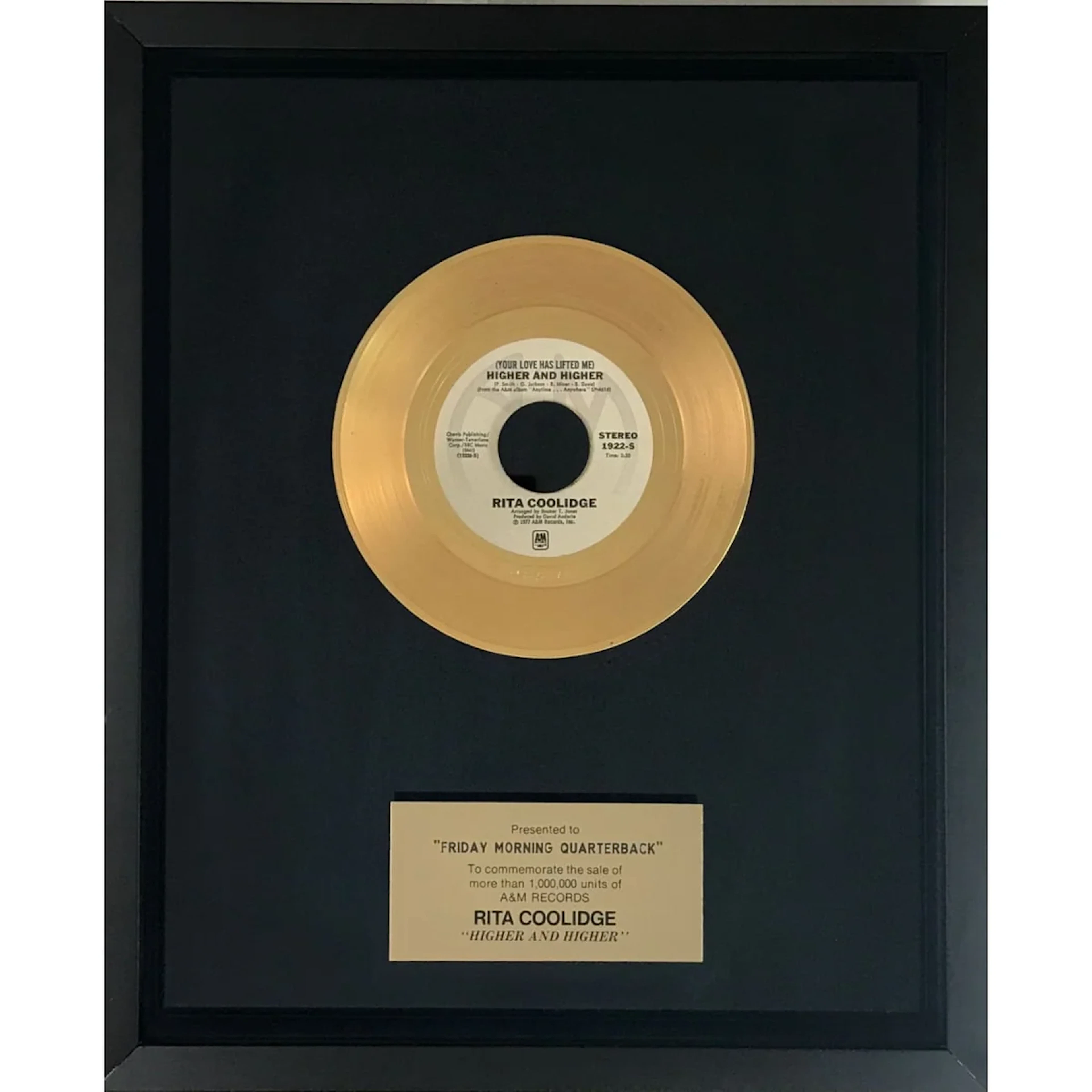 Rita Coolidge "Higher And Higher" A&M Records label award