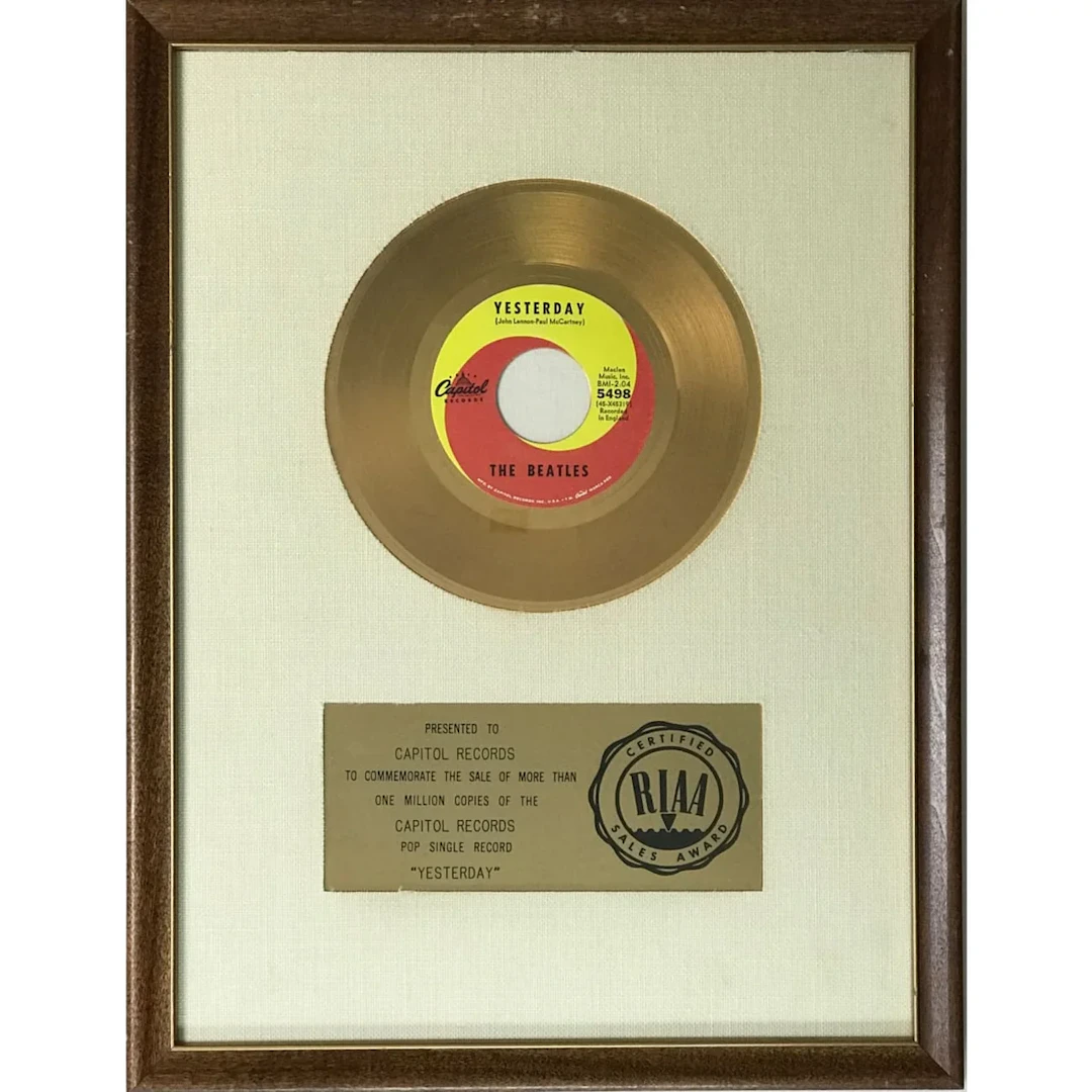 Beatles "Yesterday" RIAA Gold 45 Award- RARE