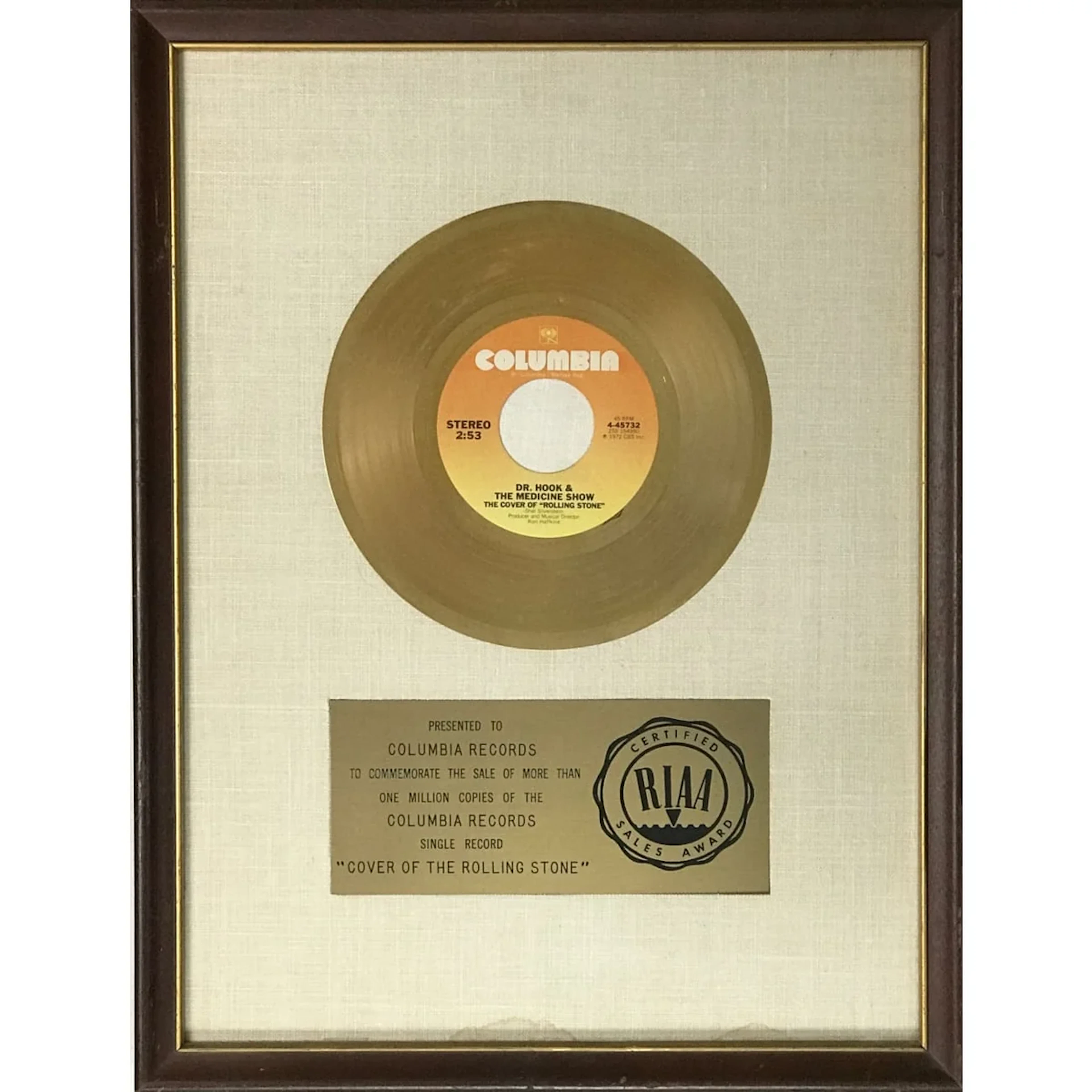 Dr. Hook "The Cover Of 'Rolling Stone'" RIAA Gold Single 45 Award - RARE