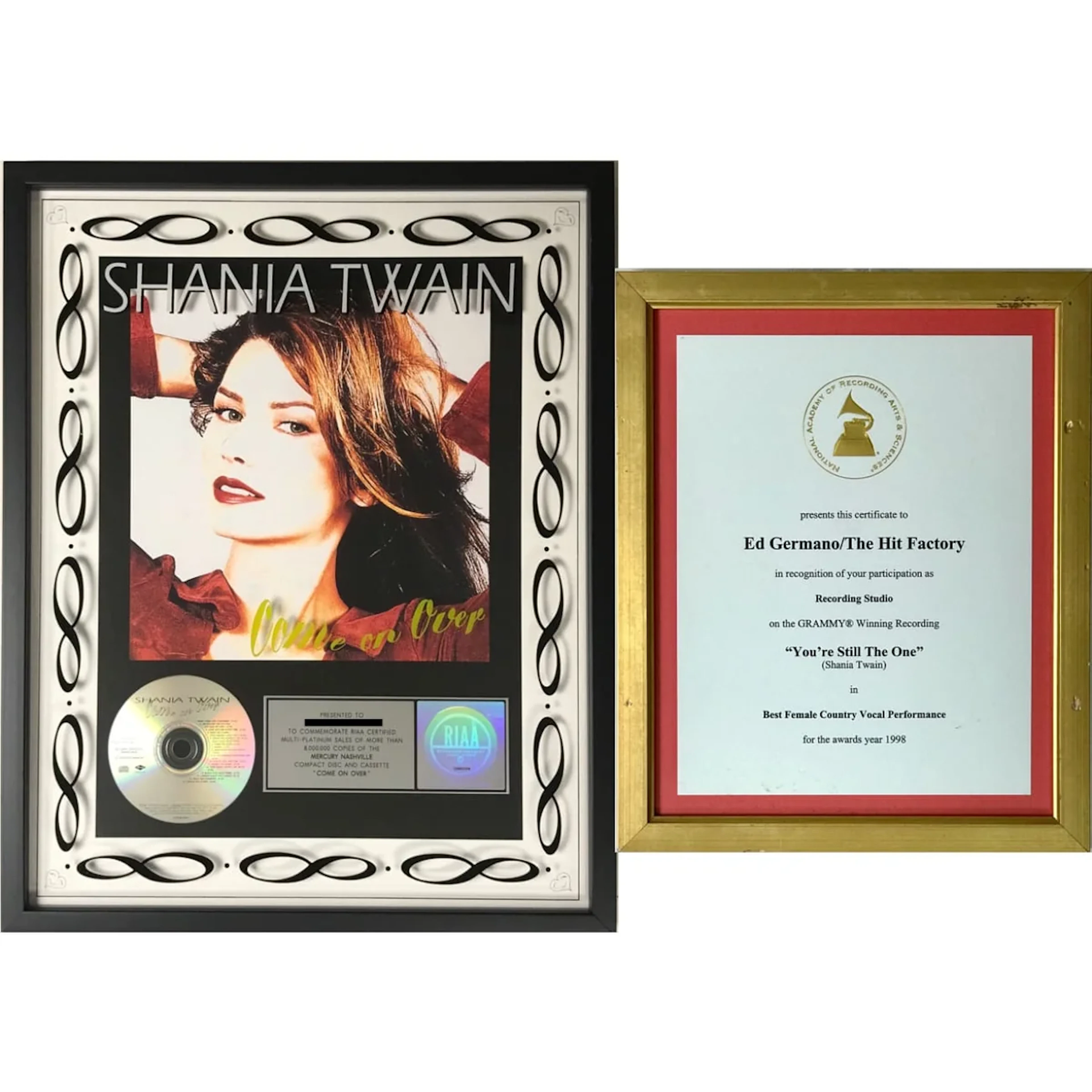 Shania Twain Come On Over RIAA 8x Multi-Platinum Album Award + Grammy