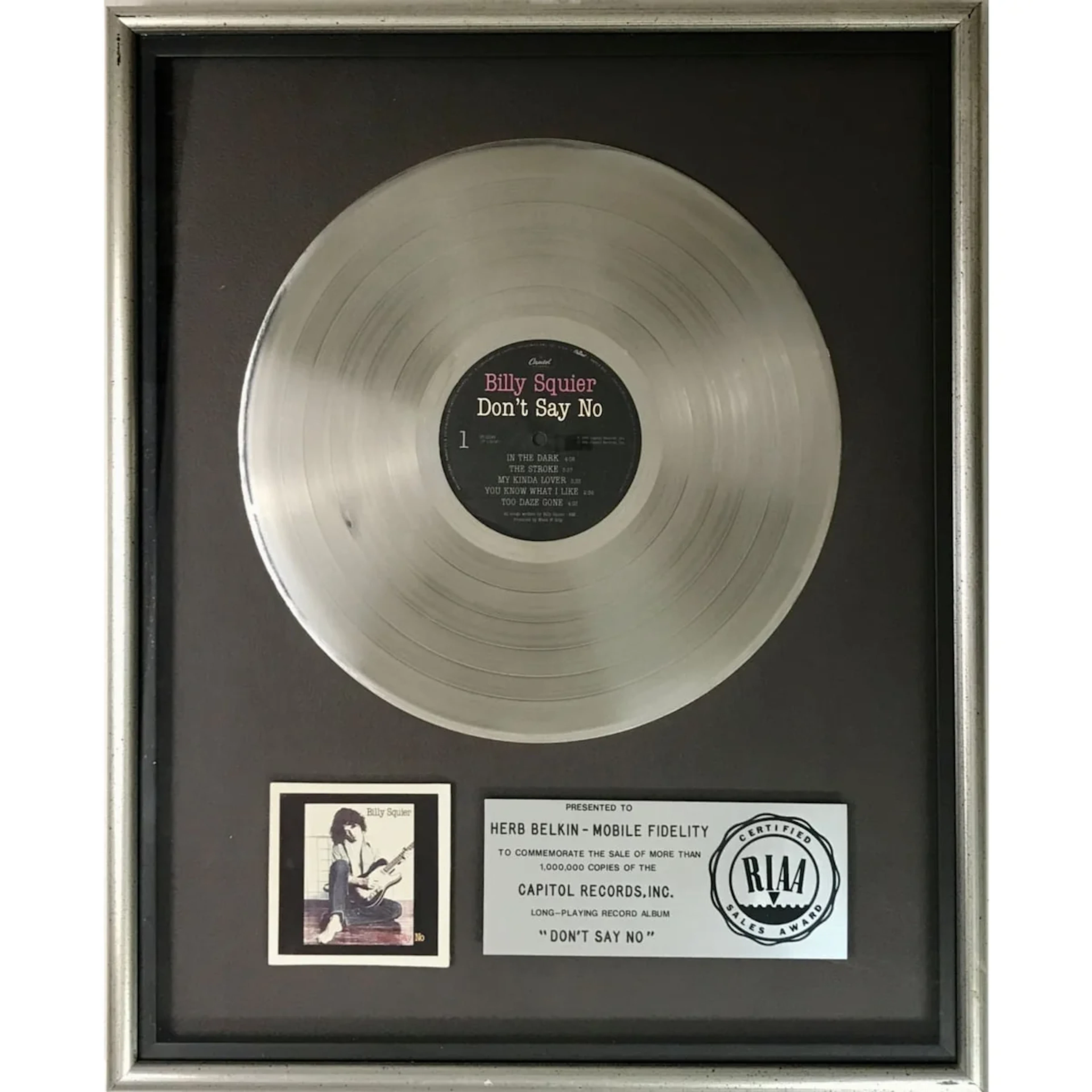 Billy Squier Don't Say No RIAA Platinum Album Award