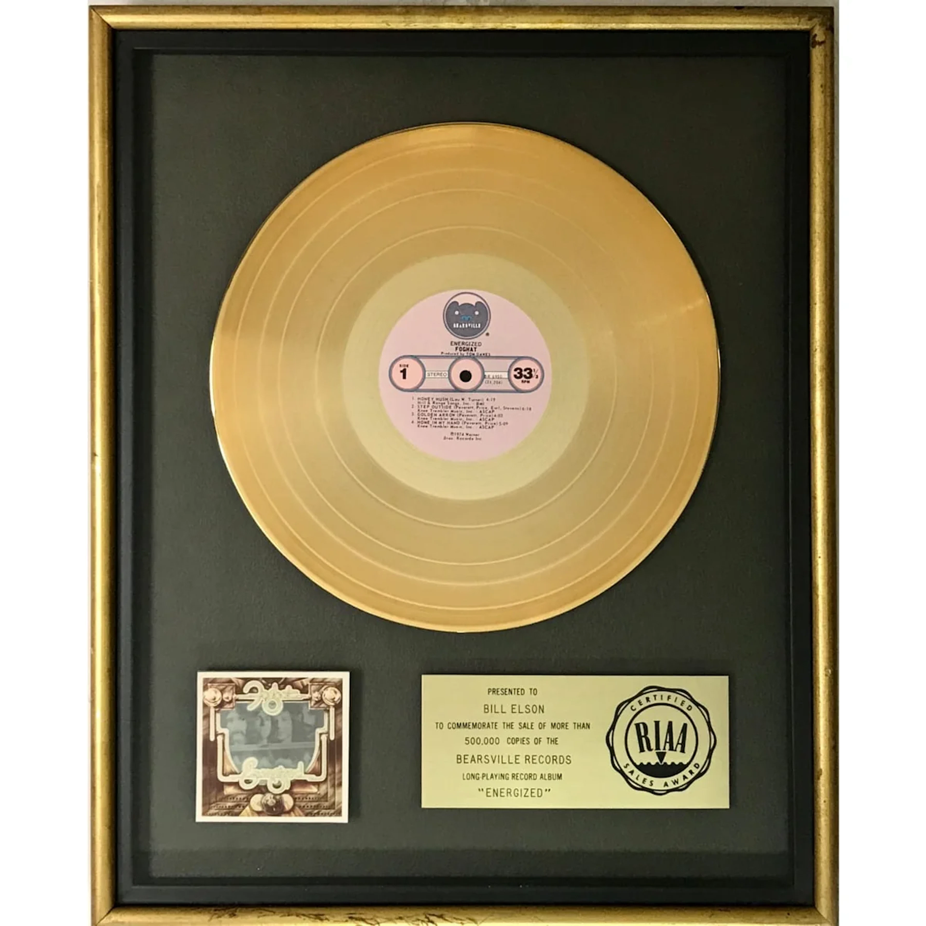 Foghat Energized RIAA Gold Album Award