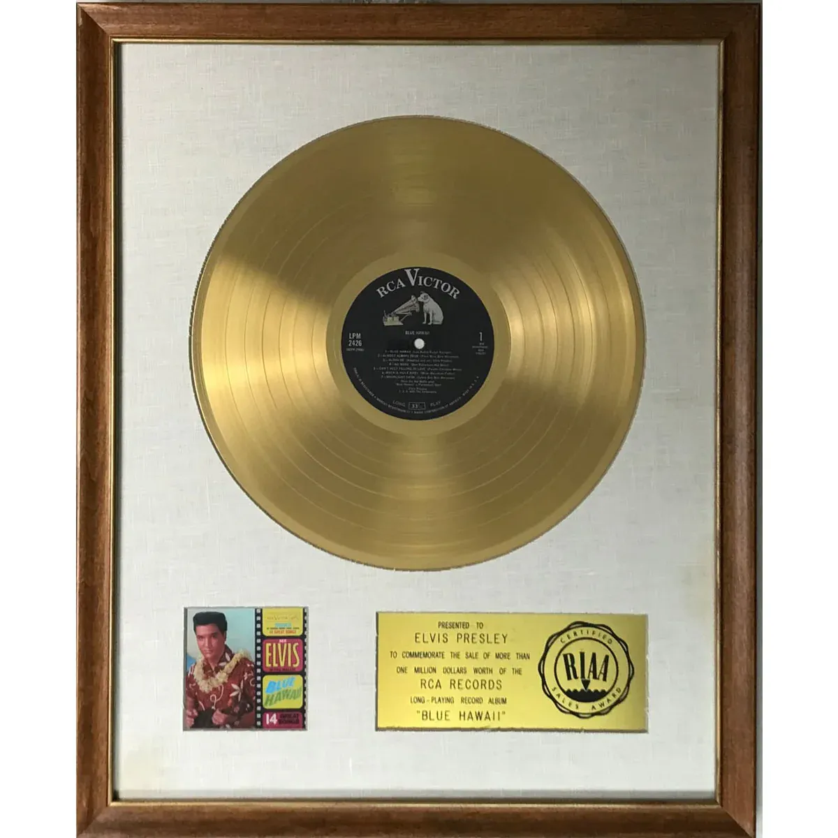 Elvis Presley Blue Hawaii RIAA Gold Album Award presented to Elvis ...