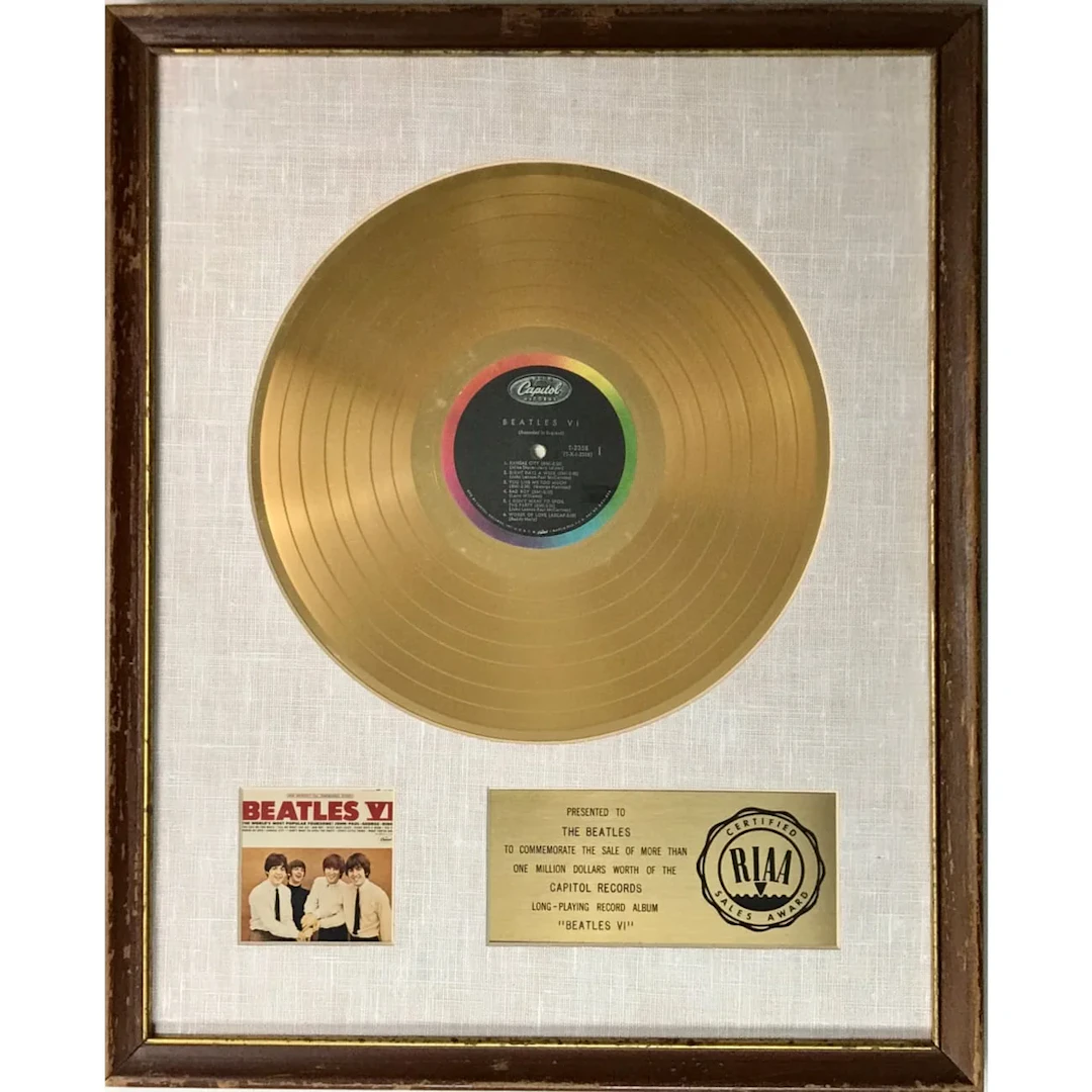 Beatles VI RIAA Gold Album Award presented to The Beatles - RARE