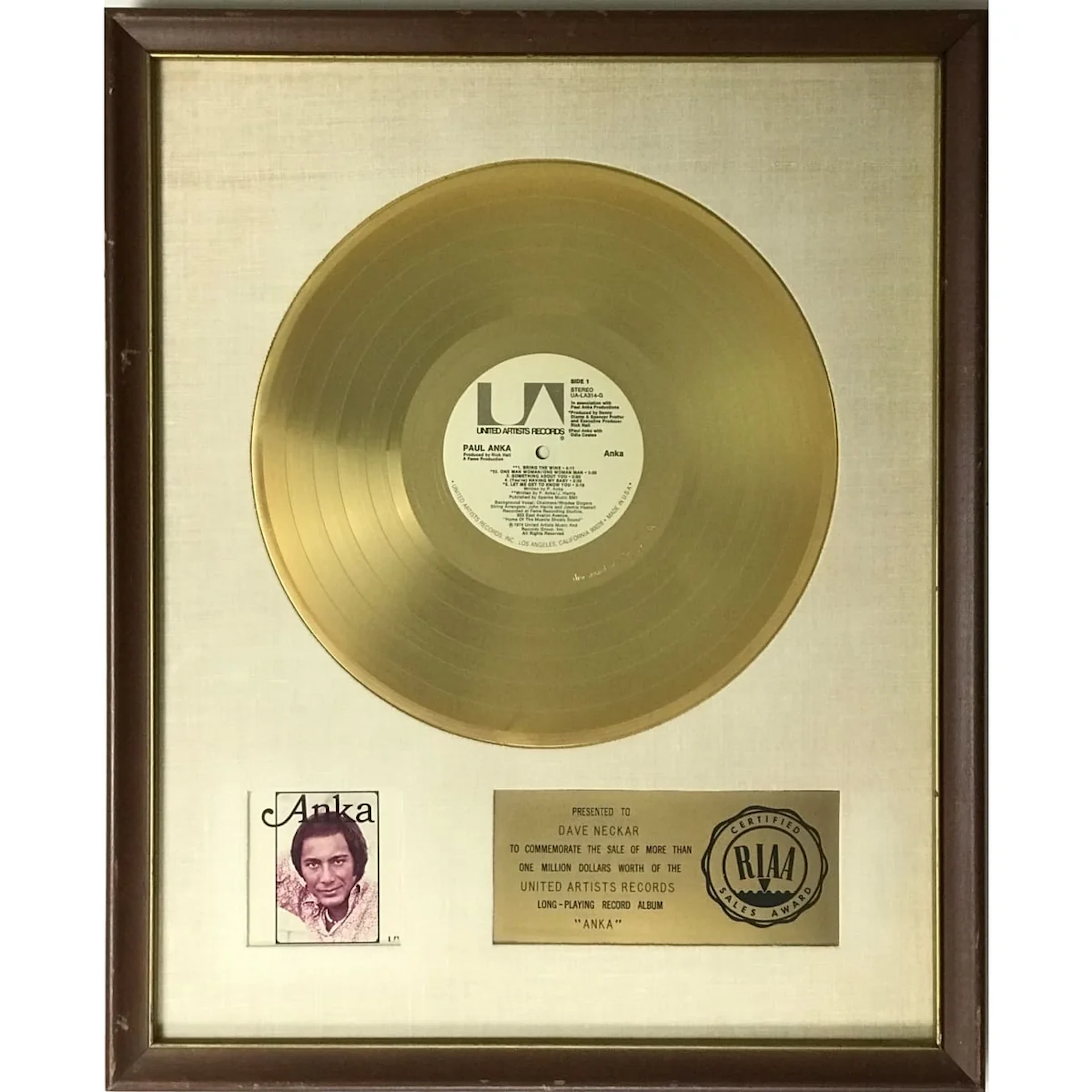 Paul Anka - Anka RIAA Gold LP Award - RARE