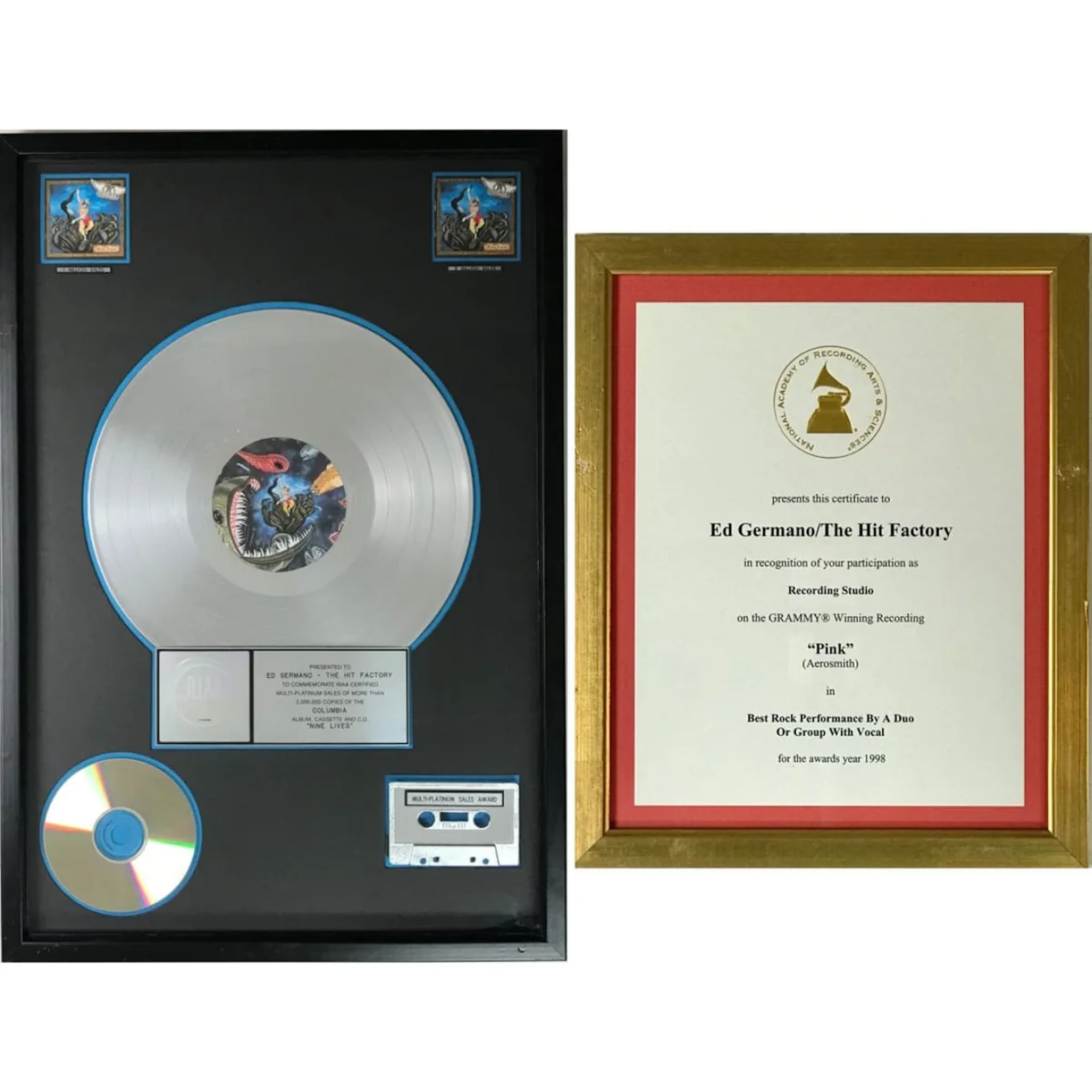 Aerosmith Nine Lives RIAA 2x Multi-Platinum Album Award + Grammy Win