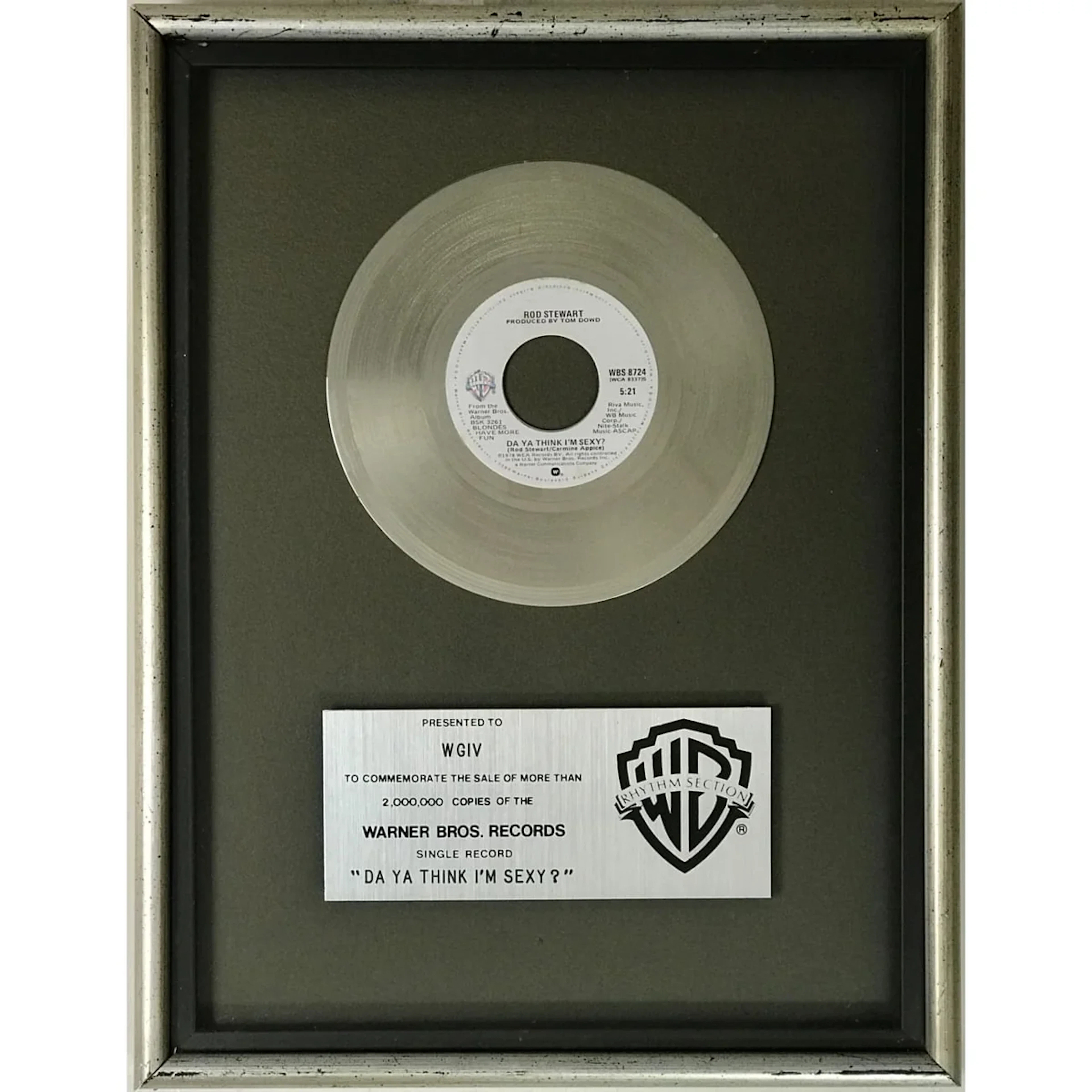 Rod Stewart "Do Ya Think I'm Sexy" Warner Bros Single 45 Award