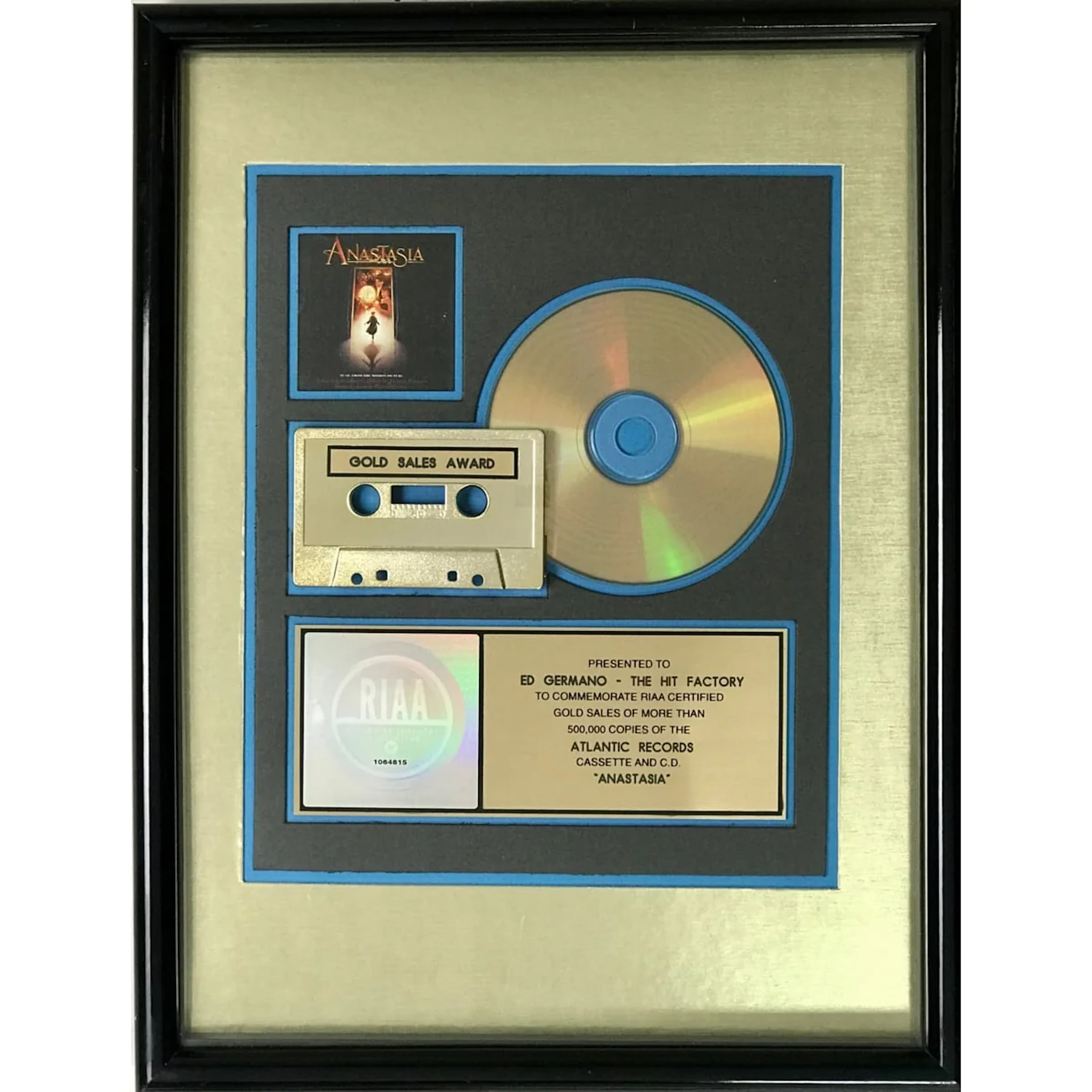 Anastasia soundtrack RIAA Gold Album Award