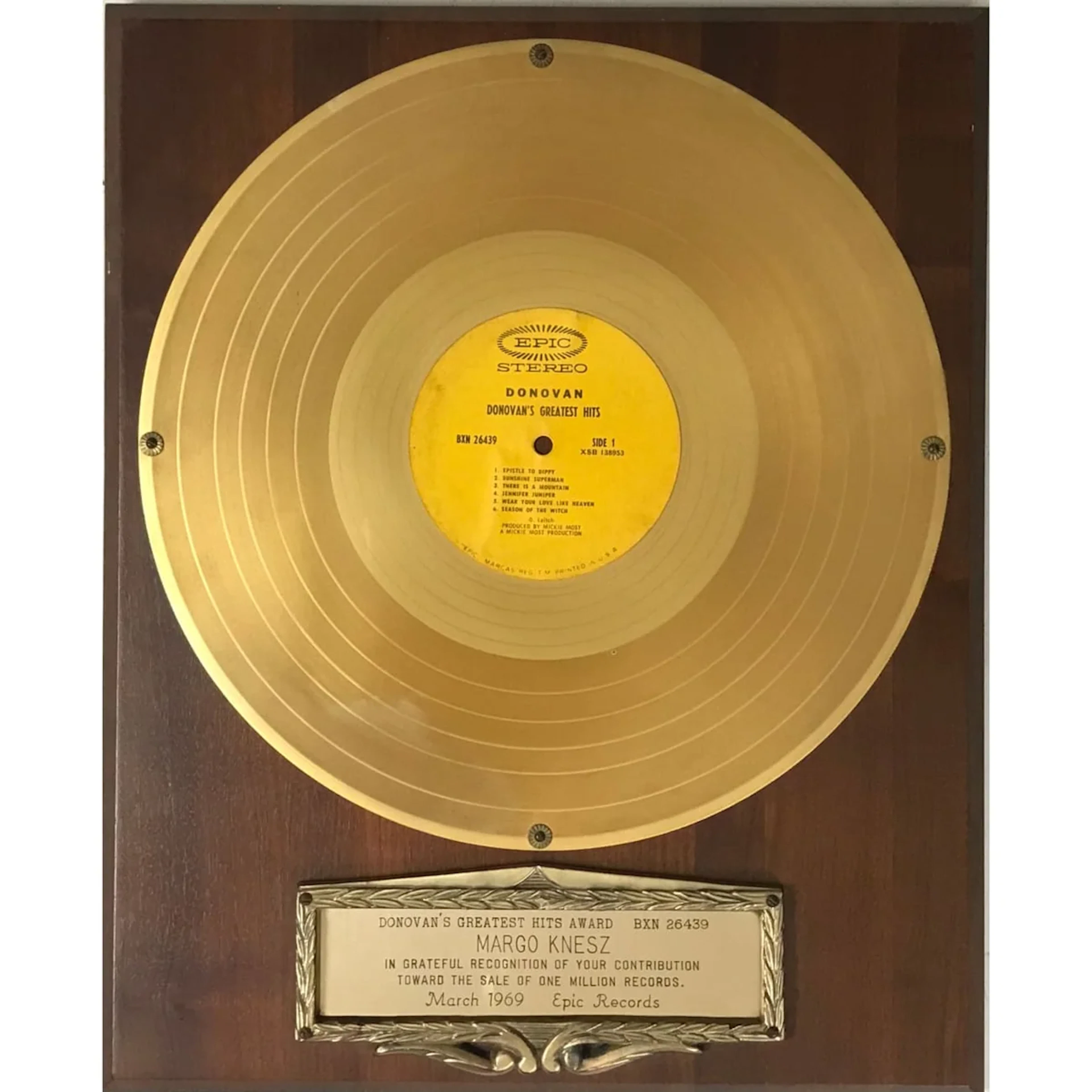 Donovan Greatest Hits 1969 Epic Records Award - RARE