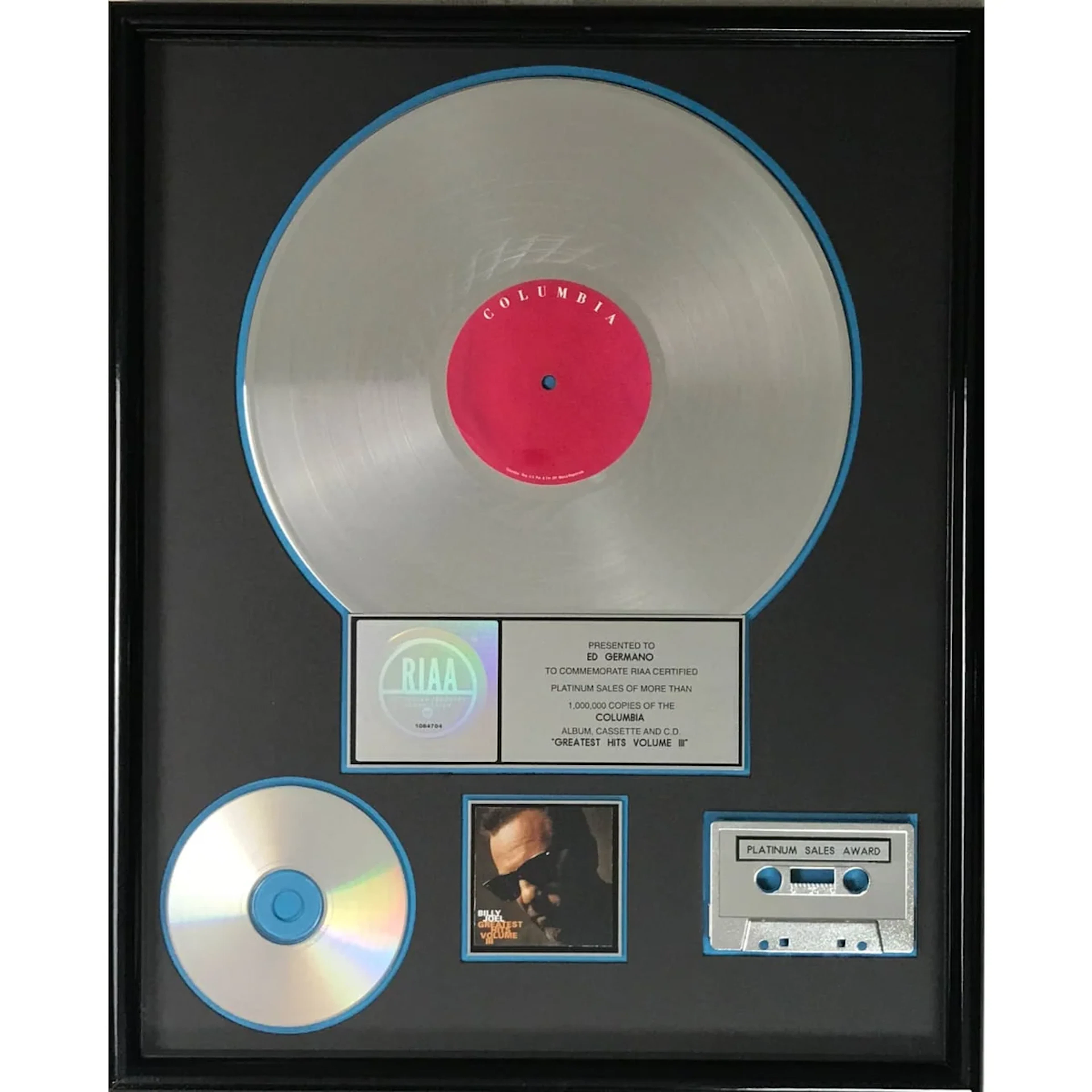 Billy Joel Greatest Hits Vol. 3 RIAA Platinum Album Award