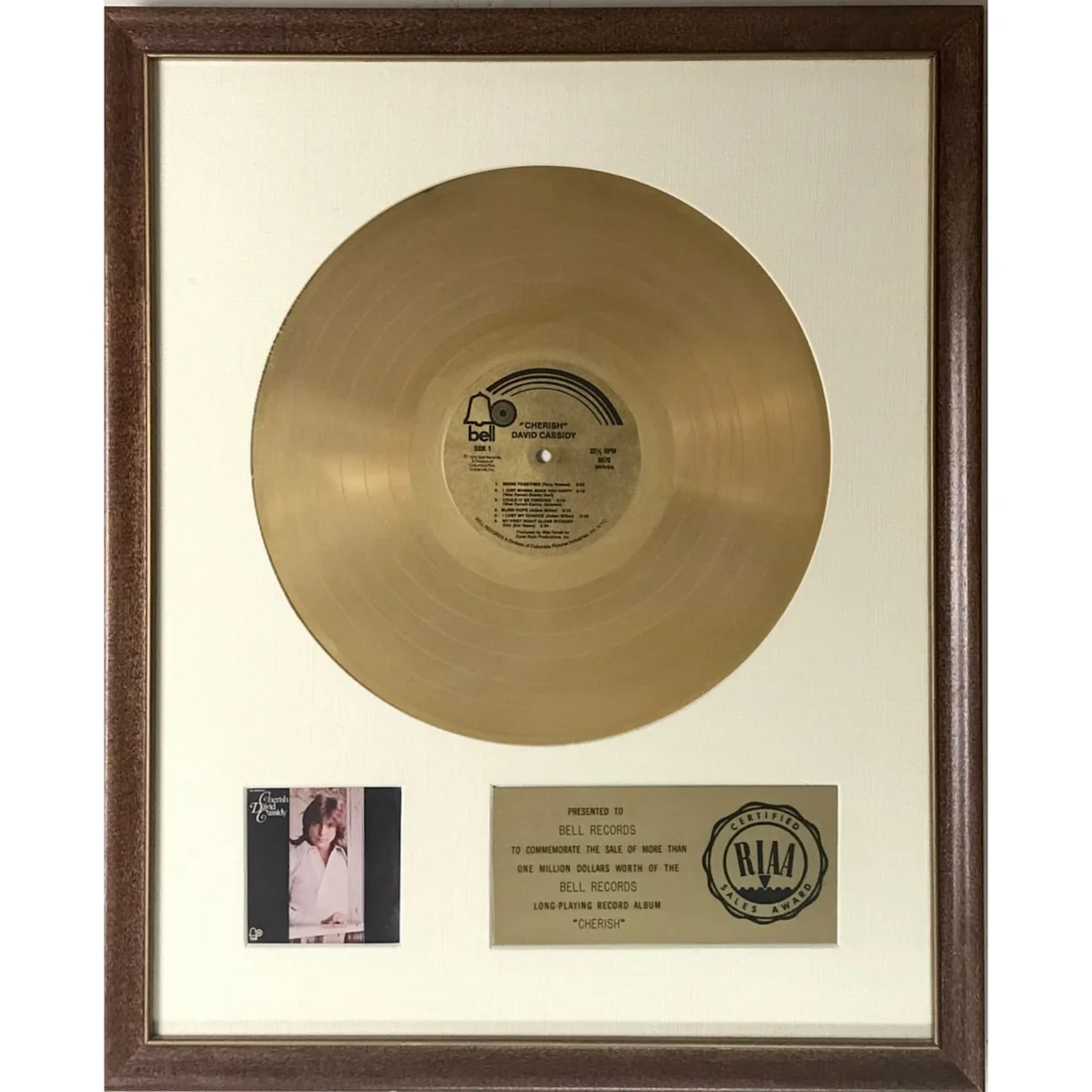 David Cassidy Cherish RIAA Gold Album Award - RARE
