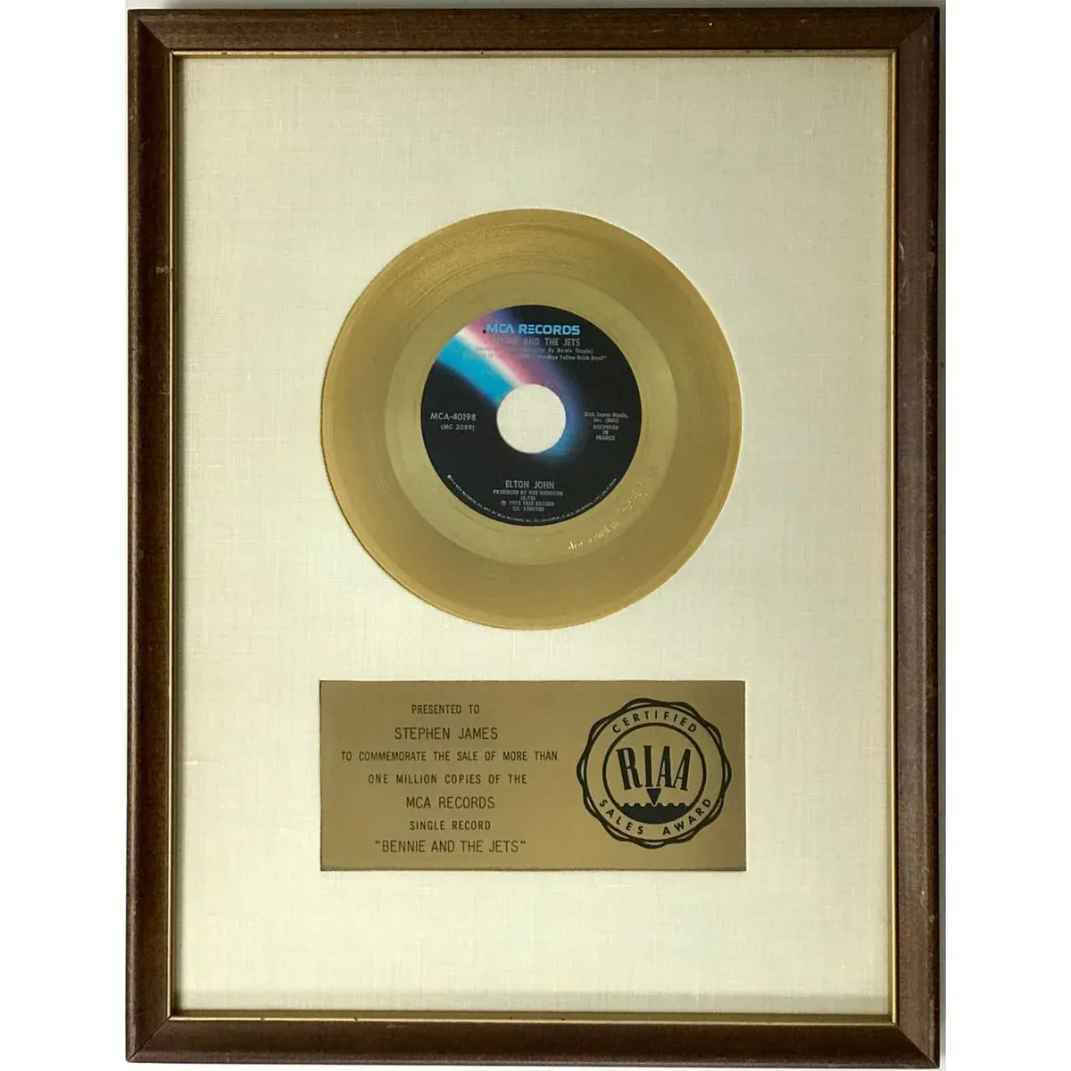 Elton John "Bennie and the Jets" White Matte RIAA Gold 45 Award - RARE