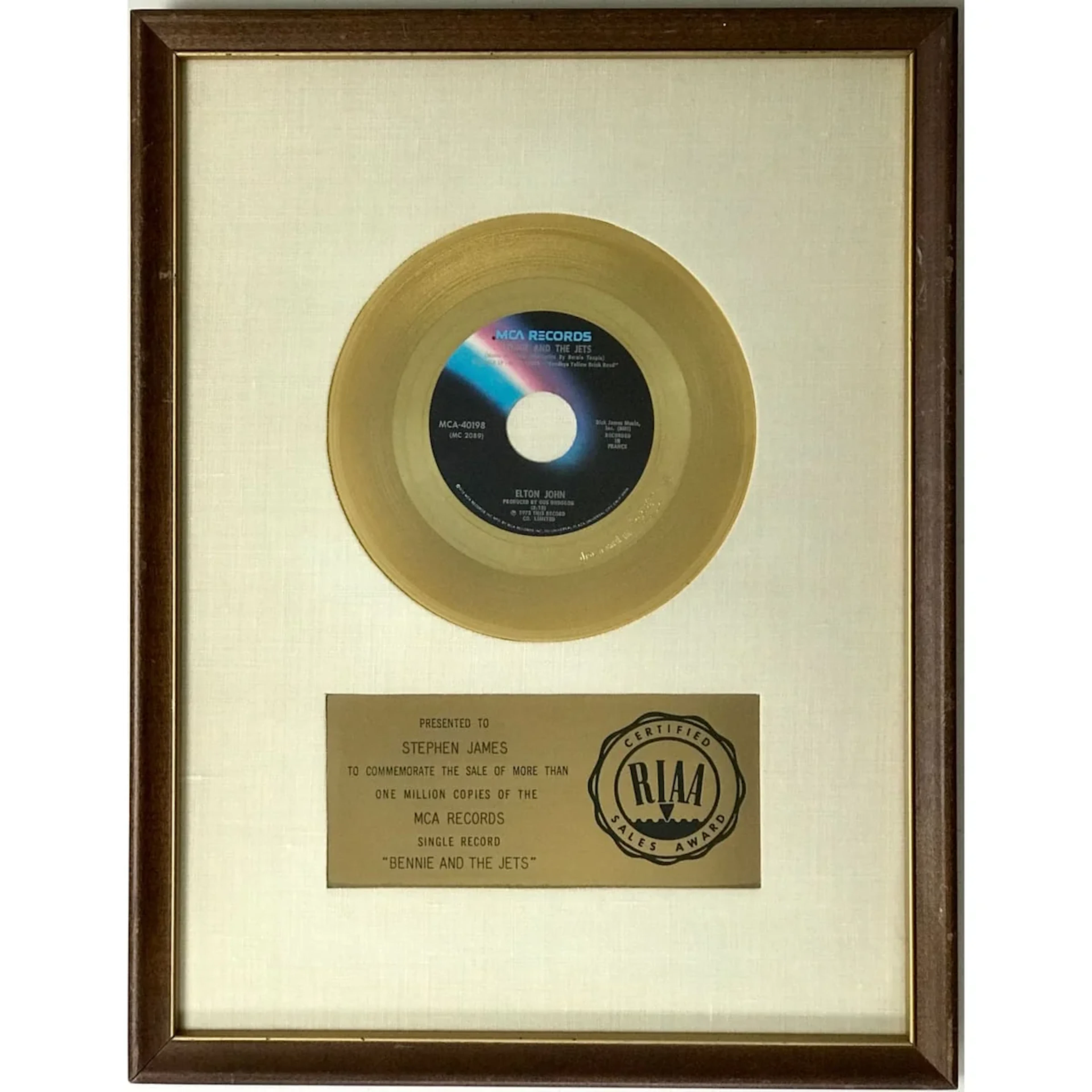 Elton John "Bennie and the Jets" White Matte RIAA Gold 45 Award - RARE
