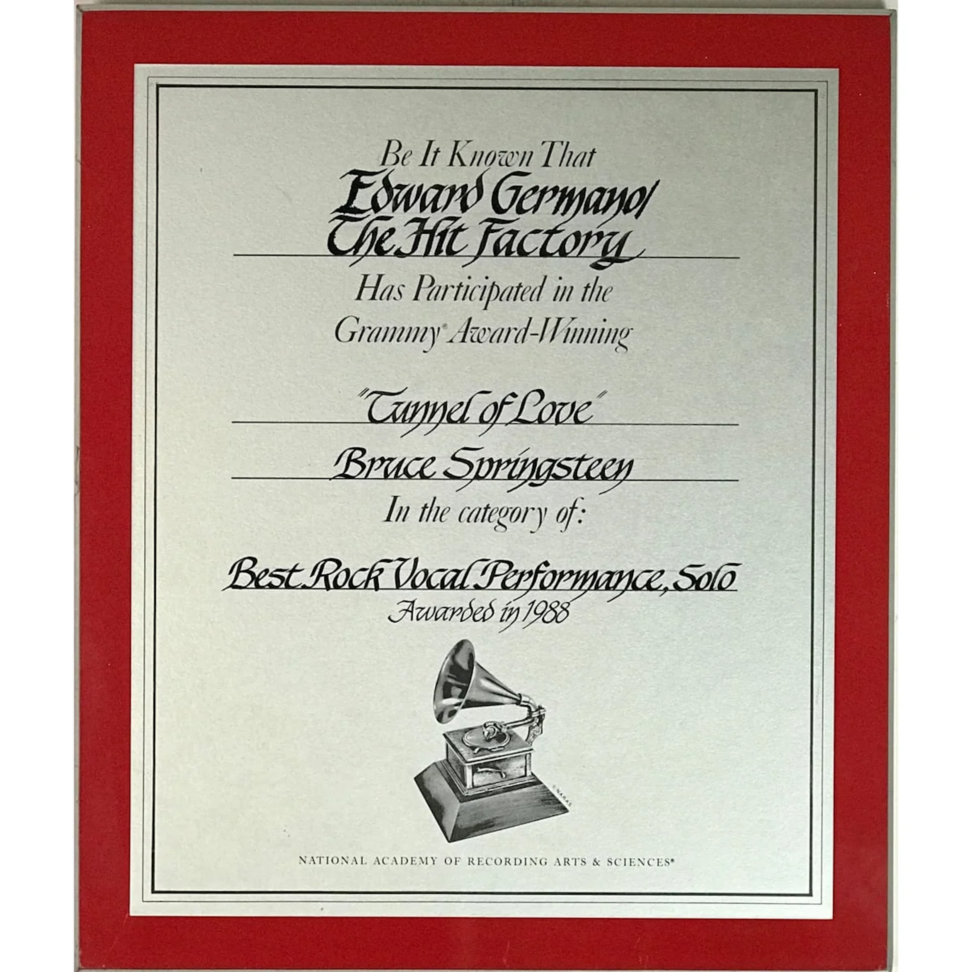 Bruce Springsteen "Tunnel Of Love" 1988 Grammy Win Studio Plaque - RARE