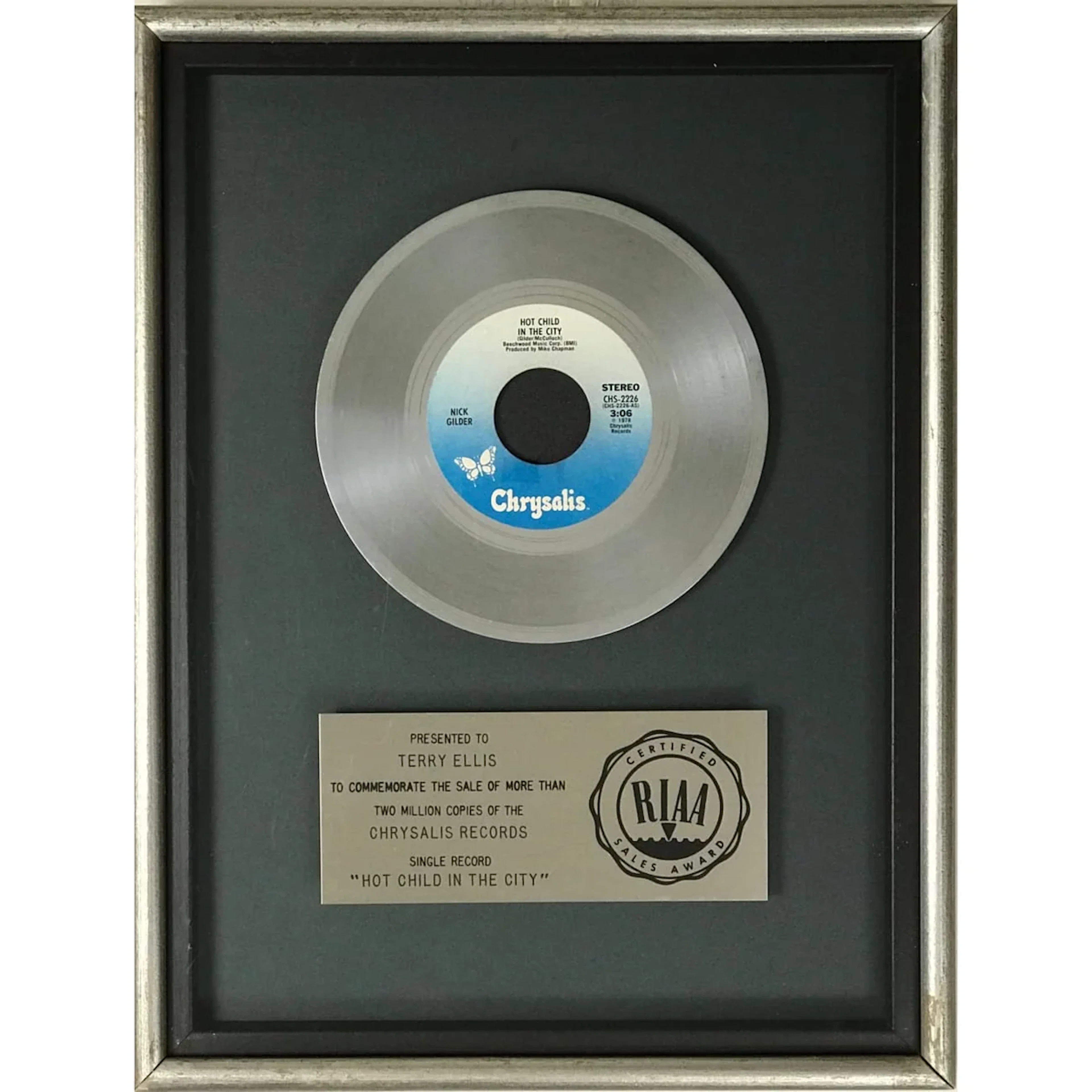 Nick Gilder "Hot Child In The City" RIAA Platinum Single Award