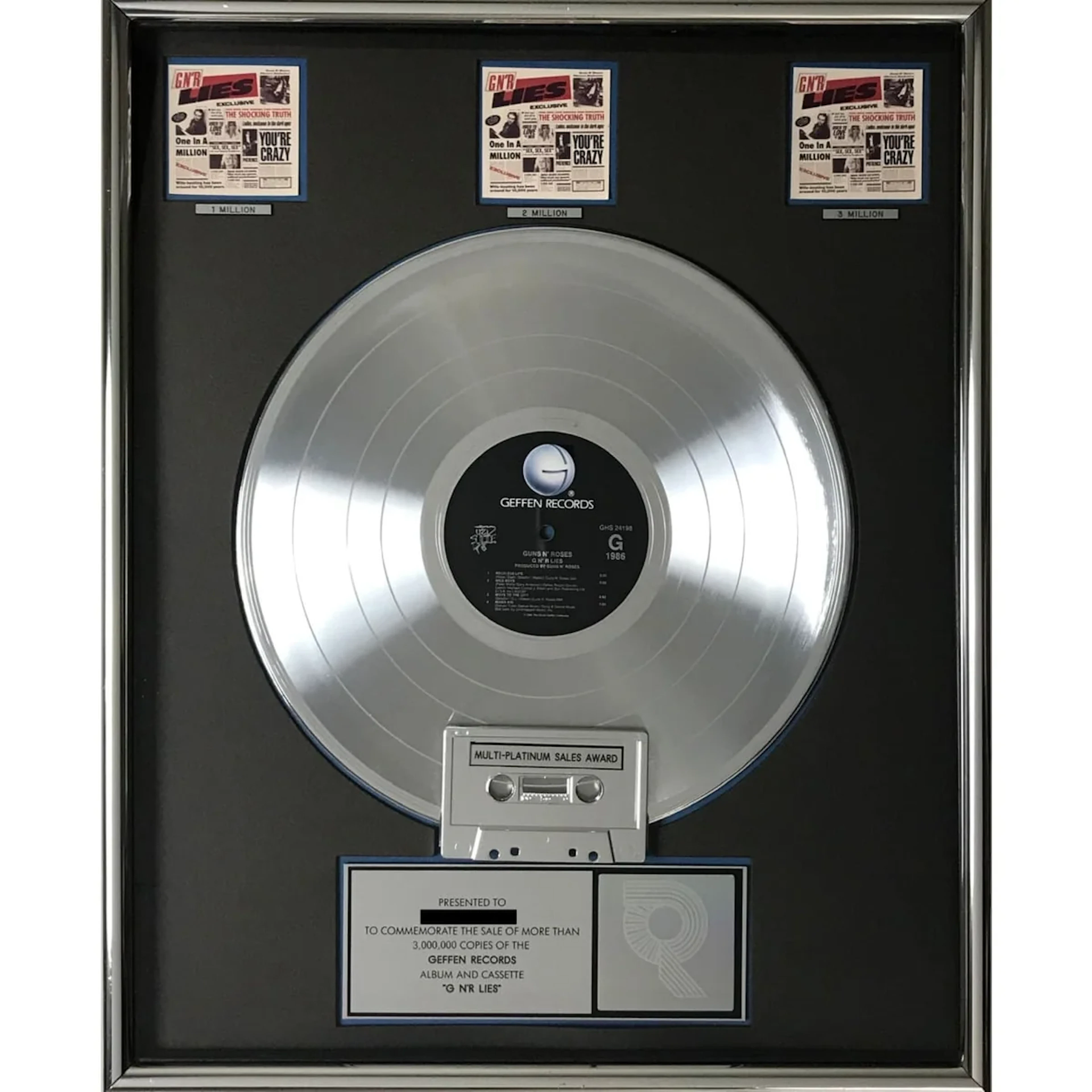 Guns N' Roses G N'R Lies RIAA 3x Multi-Platinum LP Award
