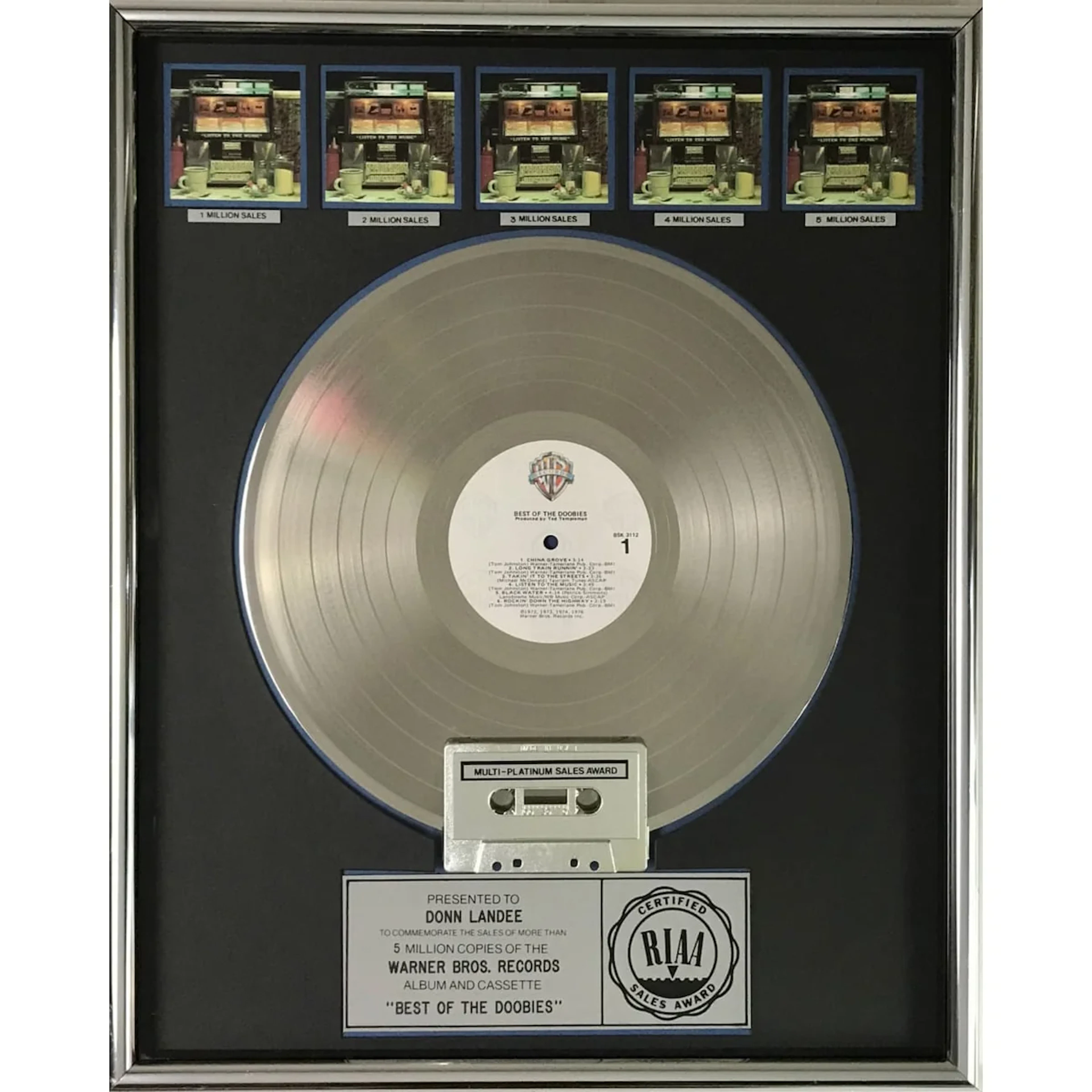 The Doobie Brothers Best Of The Doobies RIAA 5x Multi-Platinum Album Award