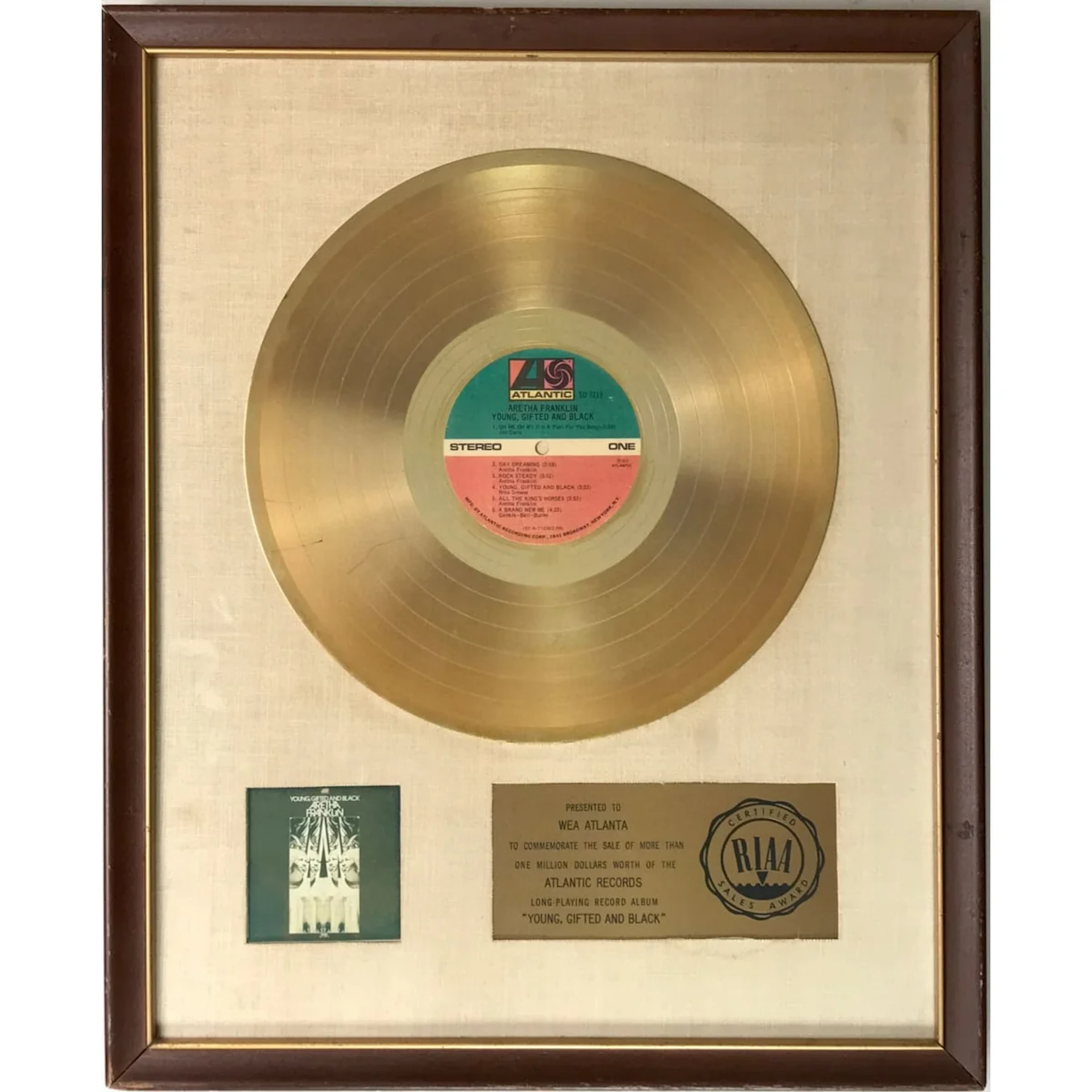 Aretha Franklin Young, Gifted And Black RIAA Gold Album Award - RARE