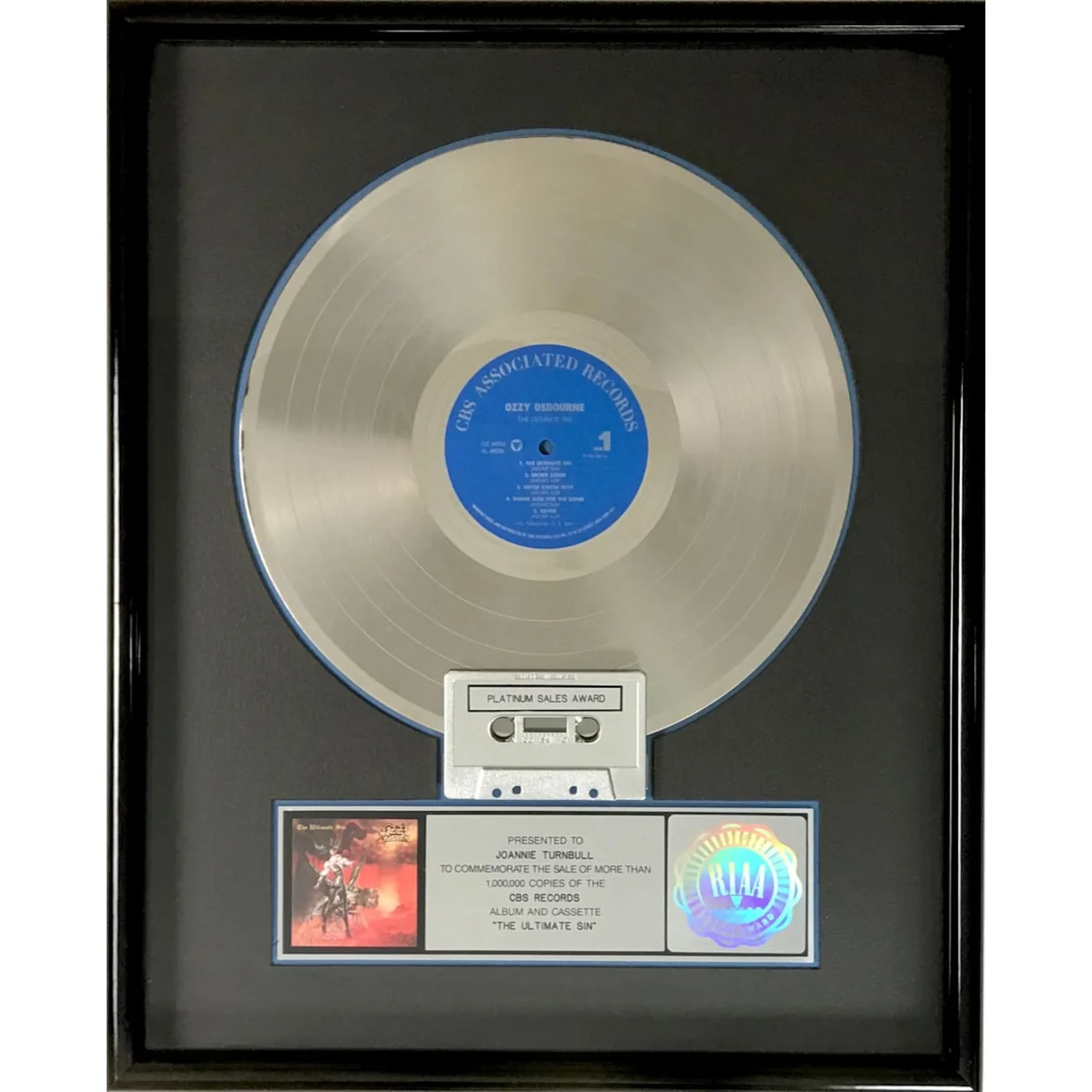 Ozzy Osbourne The Ultimate Sin RIAA Platinum Album Award