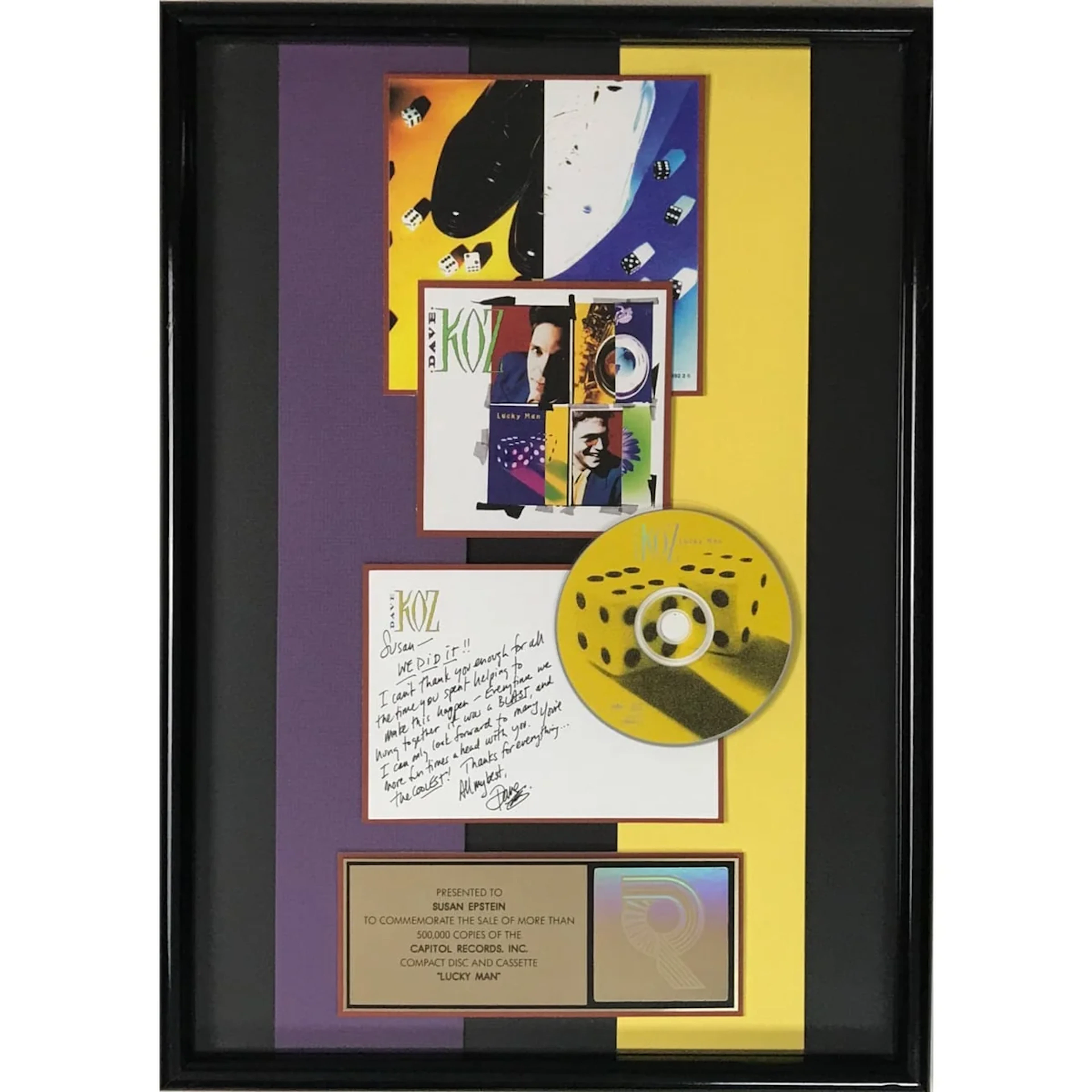 Dave Koz Lucky Man RIAA Gold Album Award signed by Dave Koz